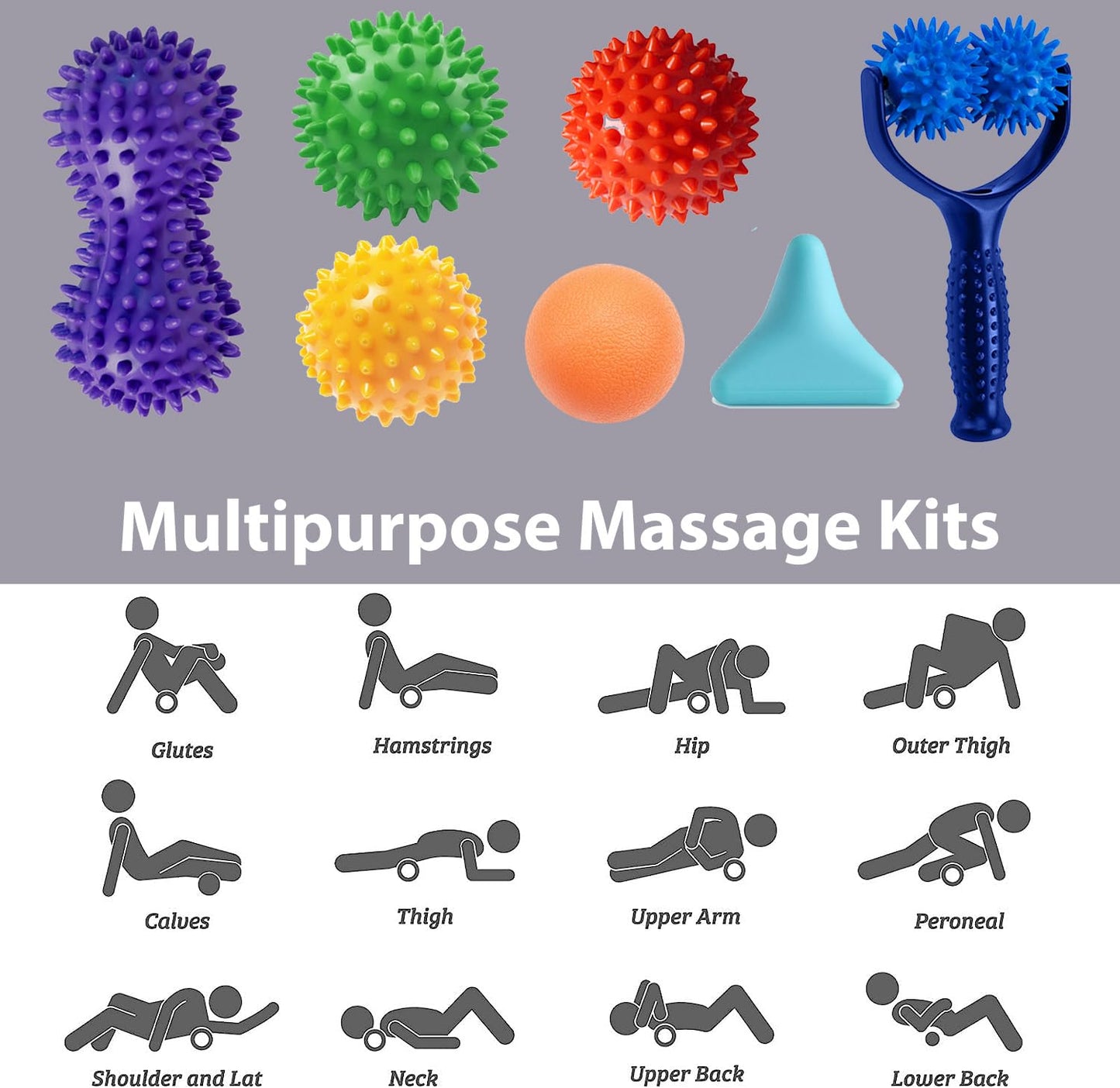 Juego de Bolas de Masaje Miofascial y Tejido Profundo Kit de 7 a 3 Tamaños de Bolas de Masaje Negro
