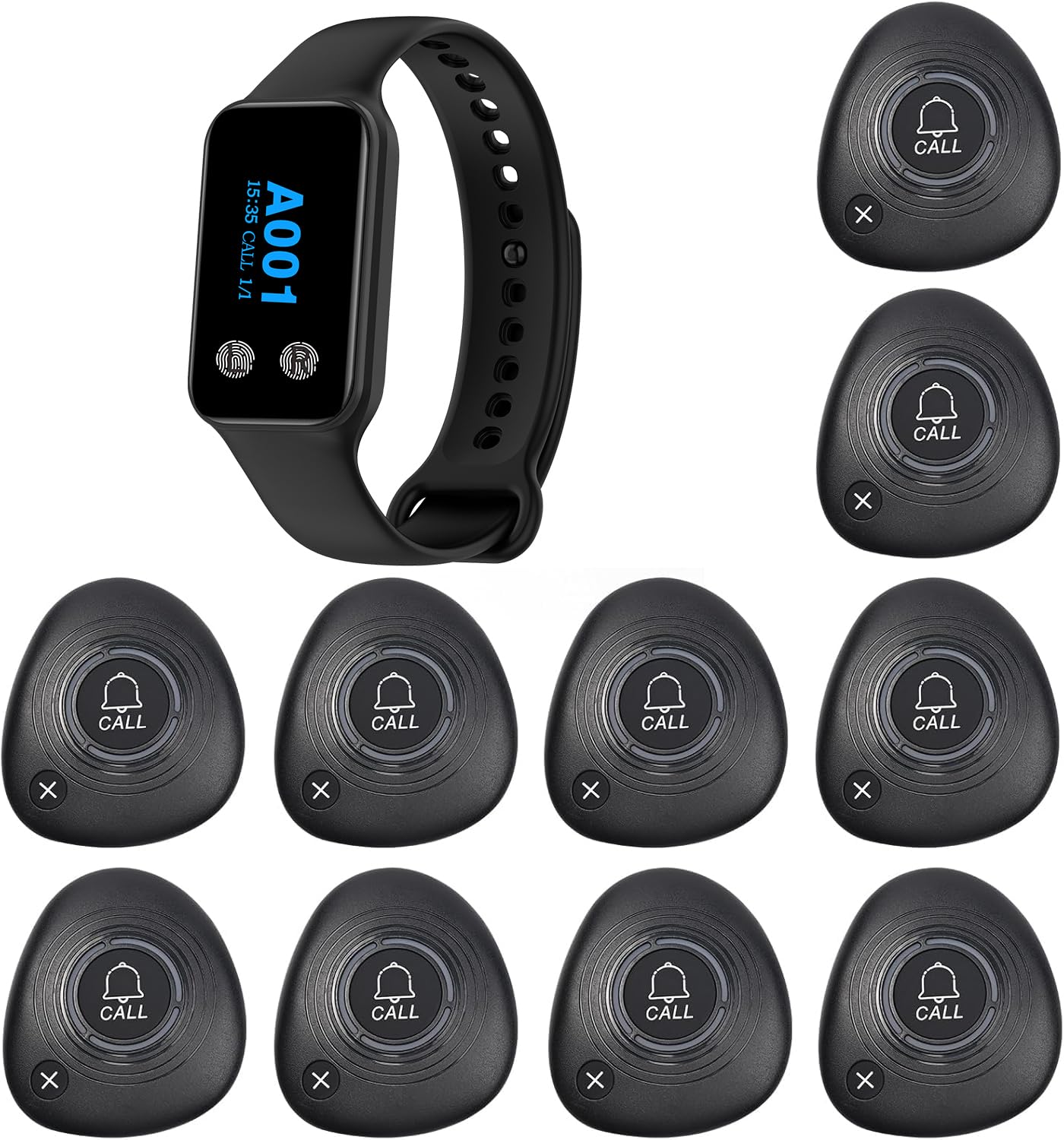 WNKRUN Sistema inalámbrico de llamadas de restaurante con 1 buscador de reloj impermeable y 10 botones de llamada con llave de cancelación