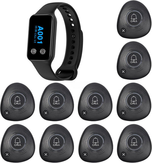 WNKRUN Sistema inalámbrico de llamadas de restaurante con 1 buscador de reloj impermeable y 10 botones de llamada con llave de cancelación