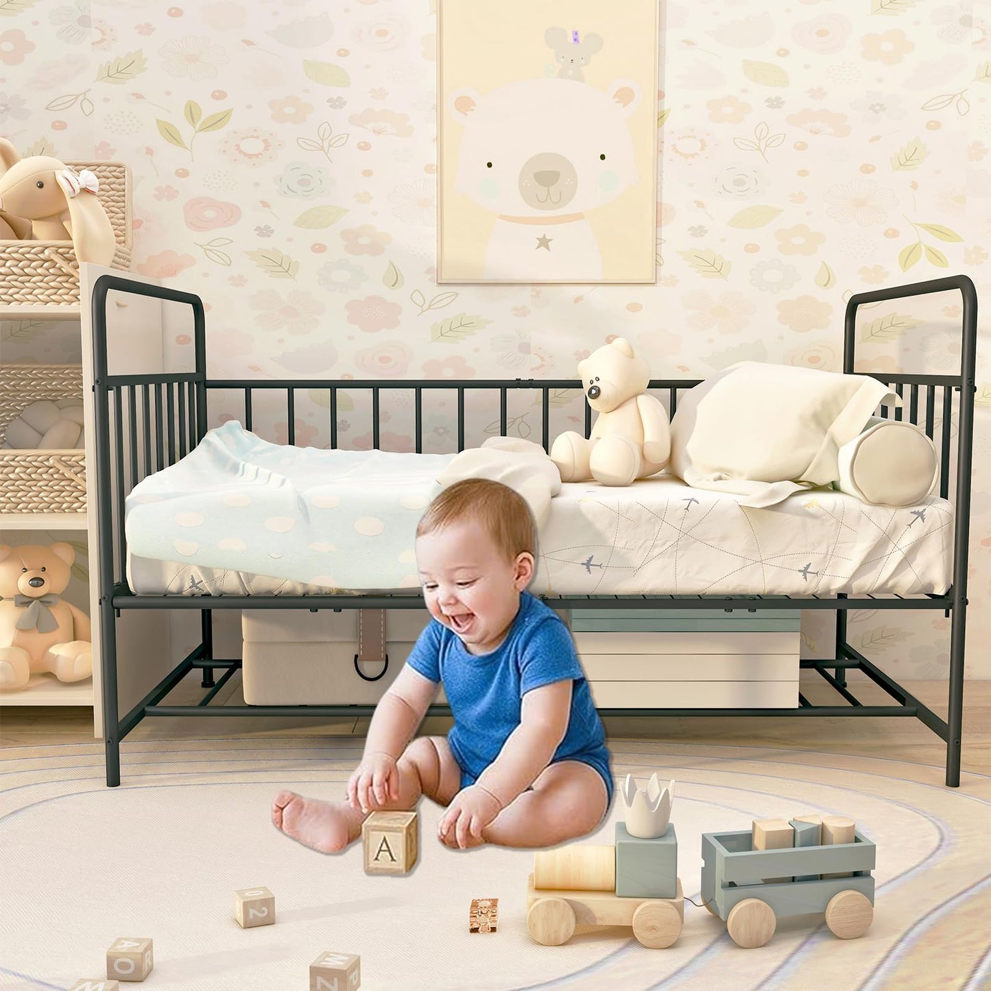Uzelia Cuna Convertible para Bebé 4 en 1, Cuna para Bebé de Metal con Barandales de Seguridad, Cama Infantil, Daybed y Sofá para Niños, Estructura Resistente con Almacenamiento Inferior, Negro