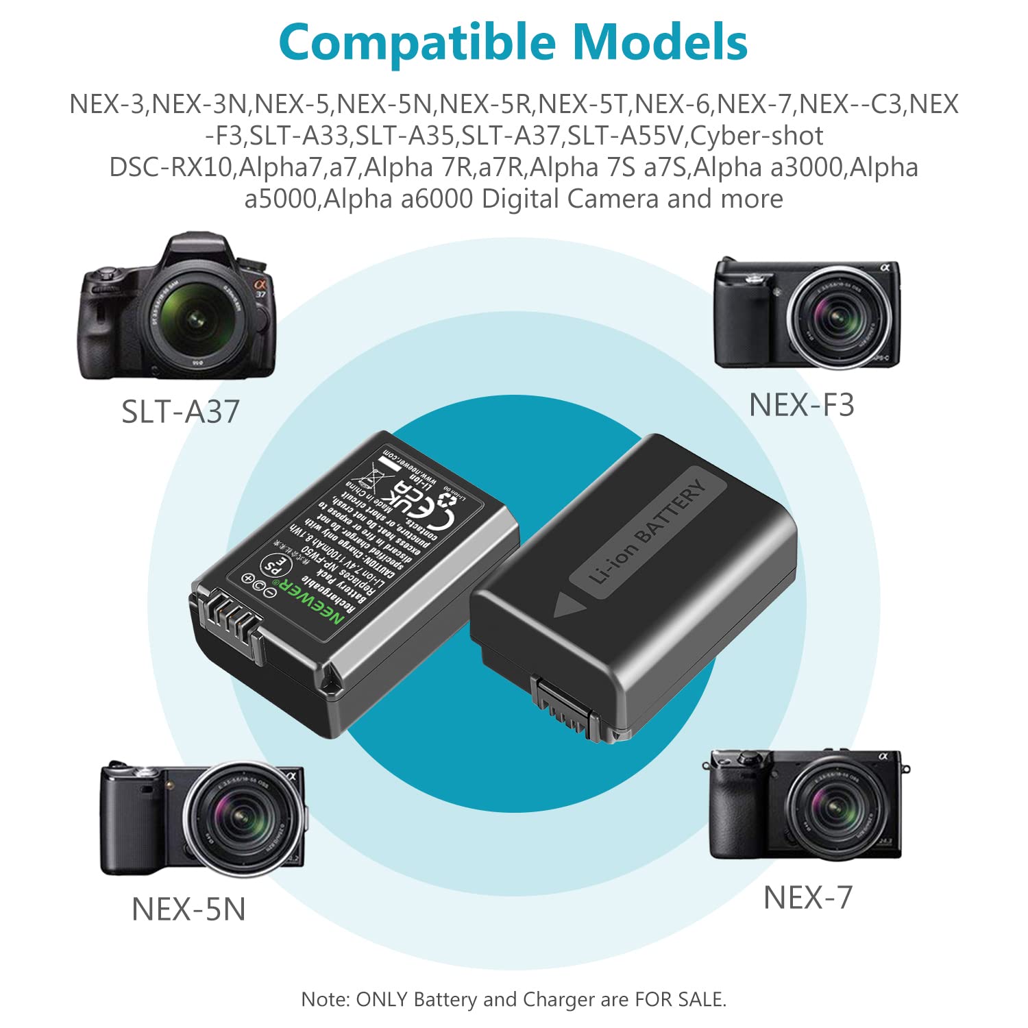 Cargador de Batería para Cámara NEEWER NP-FW50 Sony en Negro con Paquete de 2 Baterías 1100mAh y Cargador Doble Tipo C