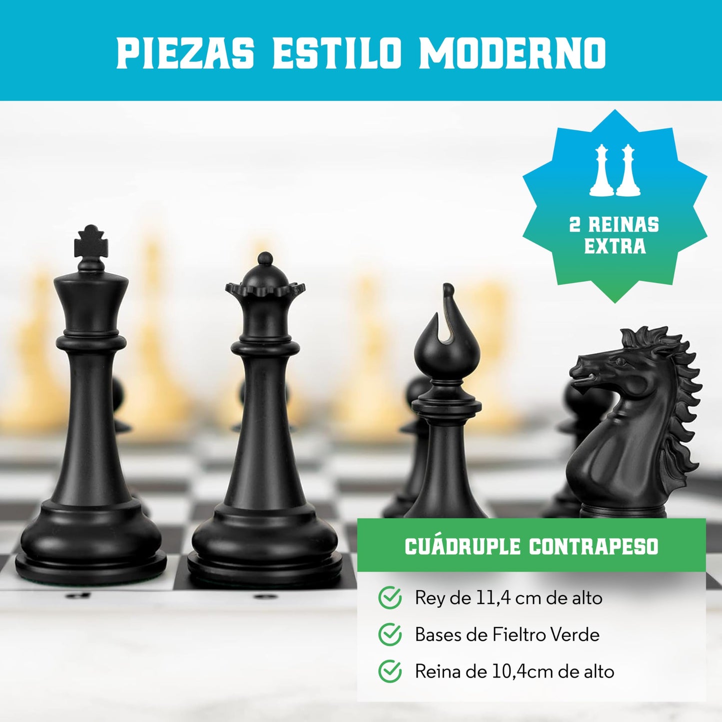 Best Chess Set Ever 4X Juego de Ajedrez Profesional Cuádruple Peso (Rey de 11,4 cm), Tablero Silicon Reversible 50x50 cm, Piezas Modernas Staunton Ponderadas, Ajedrez de Torneo para Adultos y Niños