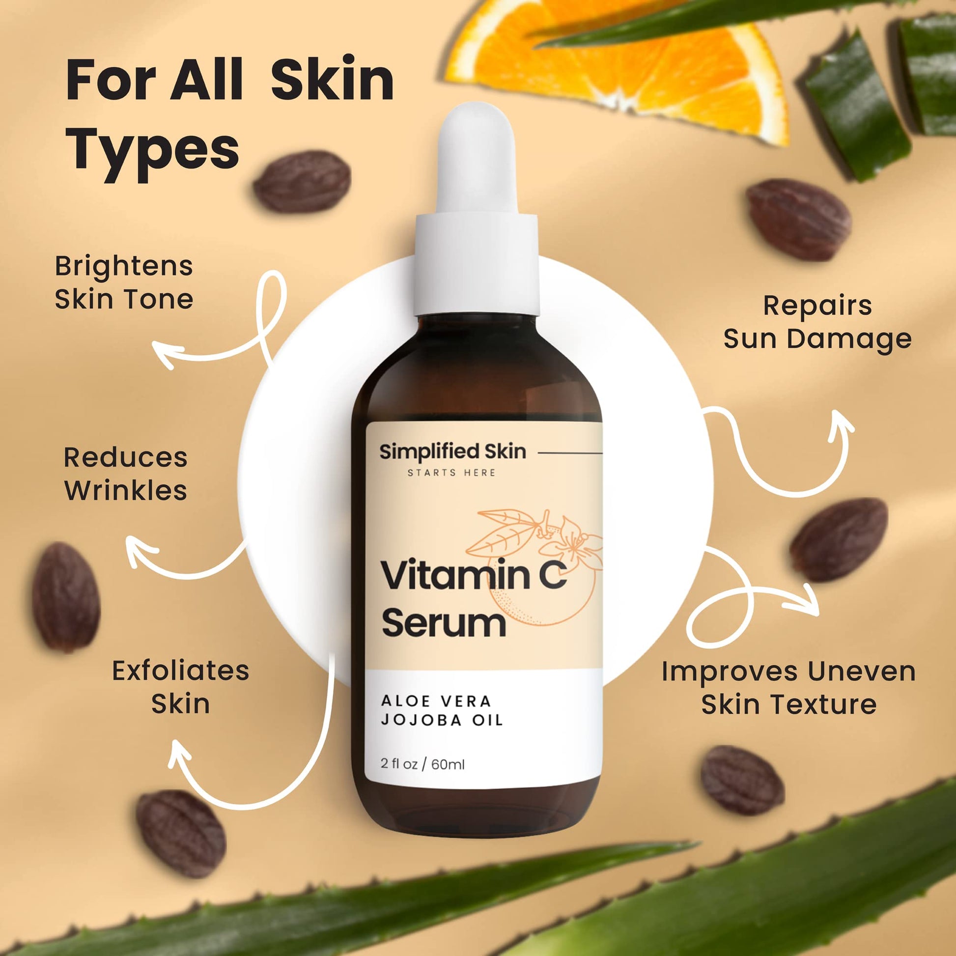 Sérum de vitamina C 20% para cara y ojos (2 onzas), tratamiento antienvejecimiento, arrugas, acné y manchas oscuras con ácido hialurónico y suero facial antioxidante de Simplified Skin