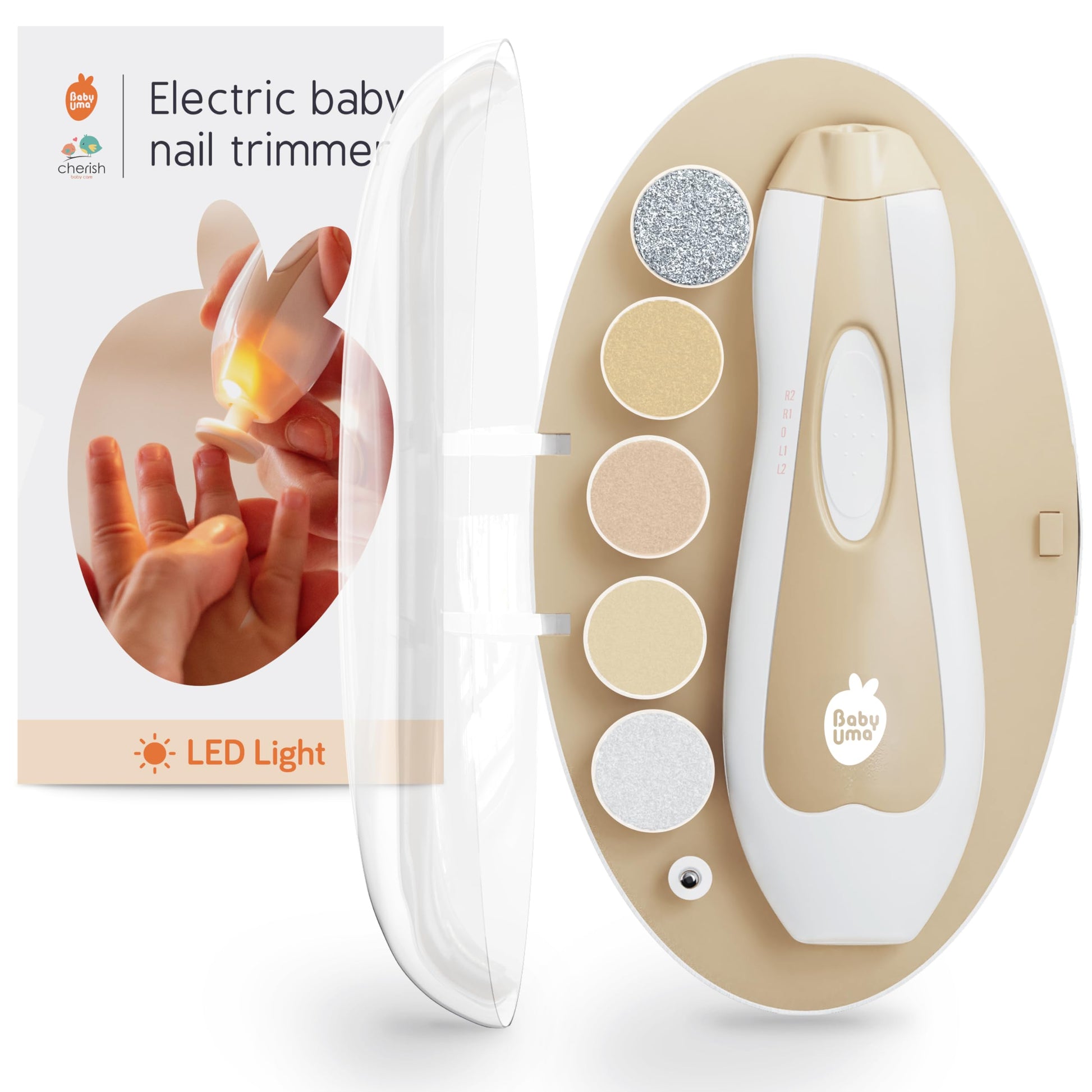 Cherish Baby Care - Lima de uñas eléctrica para bebé con LED, con cierre de seguridad automática, doble direccional con 2 velocidades y 6 limas (+ estuche de viaje)