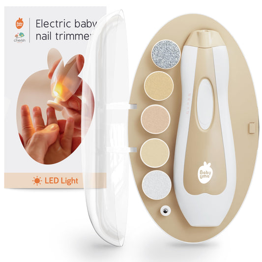 Cherish Baby Care - Lima de uñas eléctrica para bebé con LED, con cierre de seguridad automática, doble direccional con 2 velocidades y 6 limas (+ estuche de viaje)