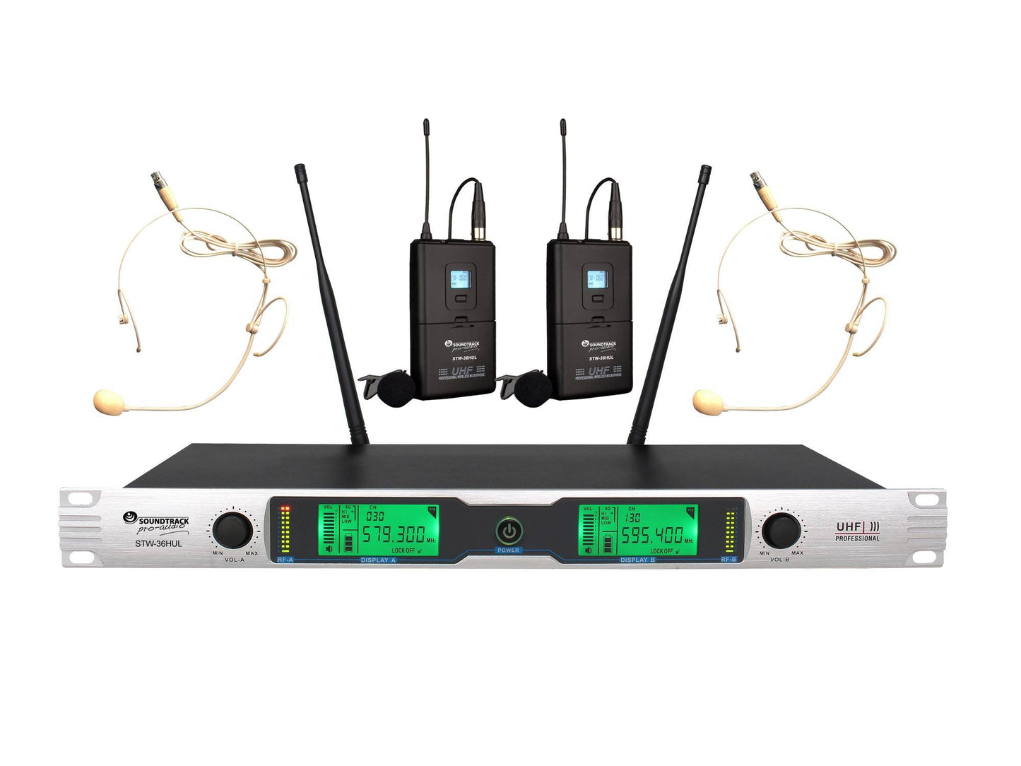 Sistema de Micrófono Inalámbrico SOUNDTRACK STW36HUL Frecuencias Fijas con 2 Transmisores Body Pack
