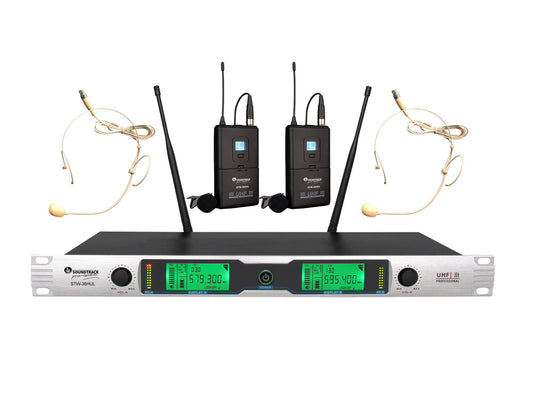 Sistema de Micrófono Inalámbrico SOUNDTRACK STW36HUL Frecuencias Fijas con 2 Transmisores Body Pack
