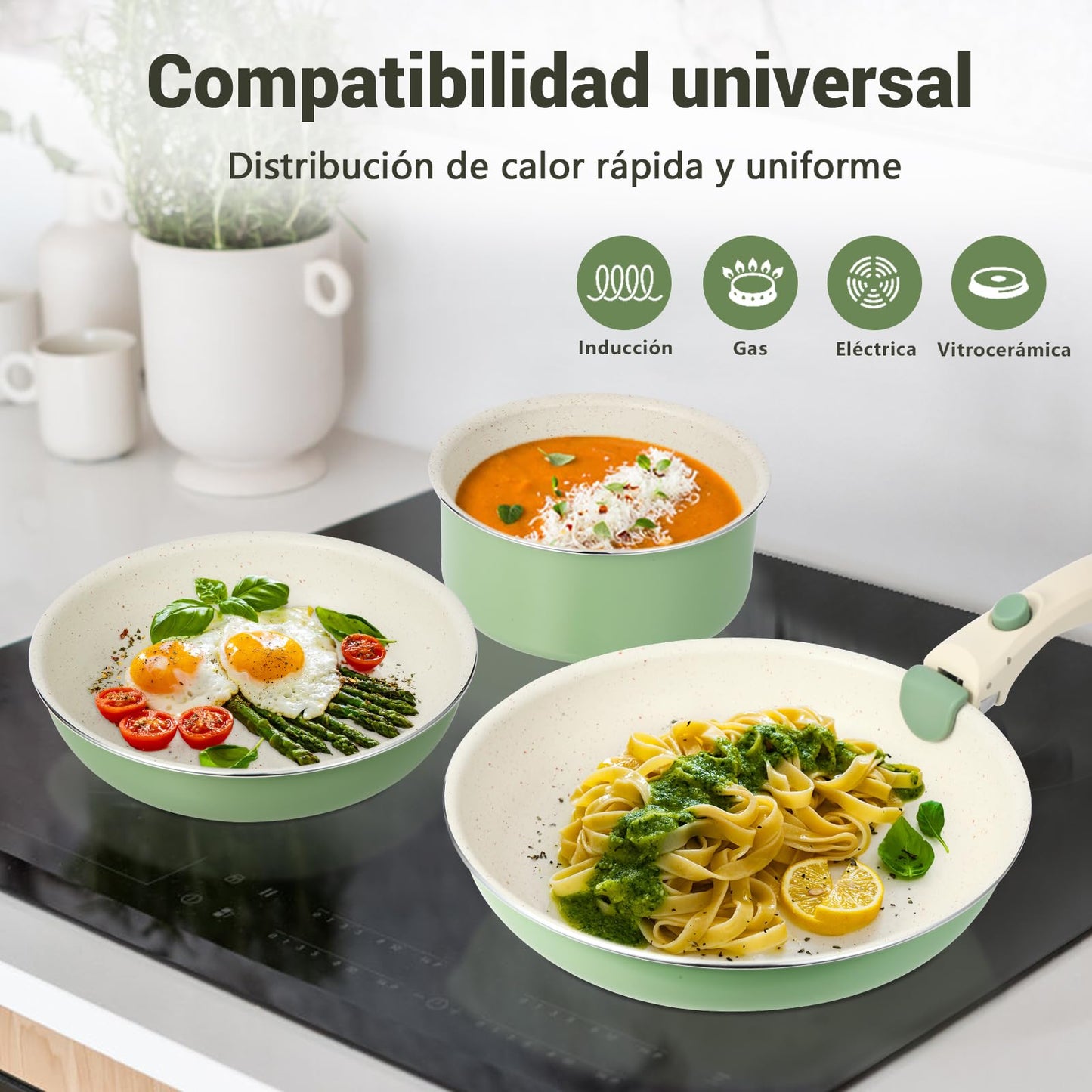 M MELENTA Juego de 8 ollas y sartenes antiadherentes con mango desmontable, bateria de cocina antiadherente de granito de inducción, apto para horno, color verde salvia