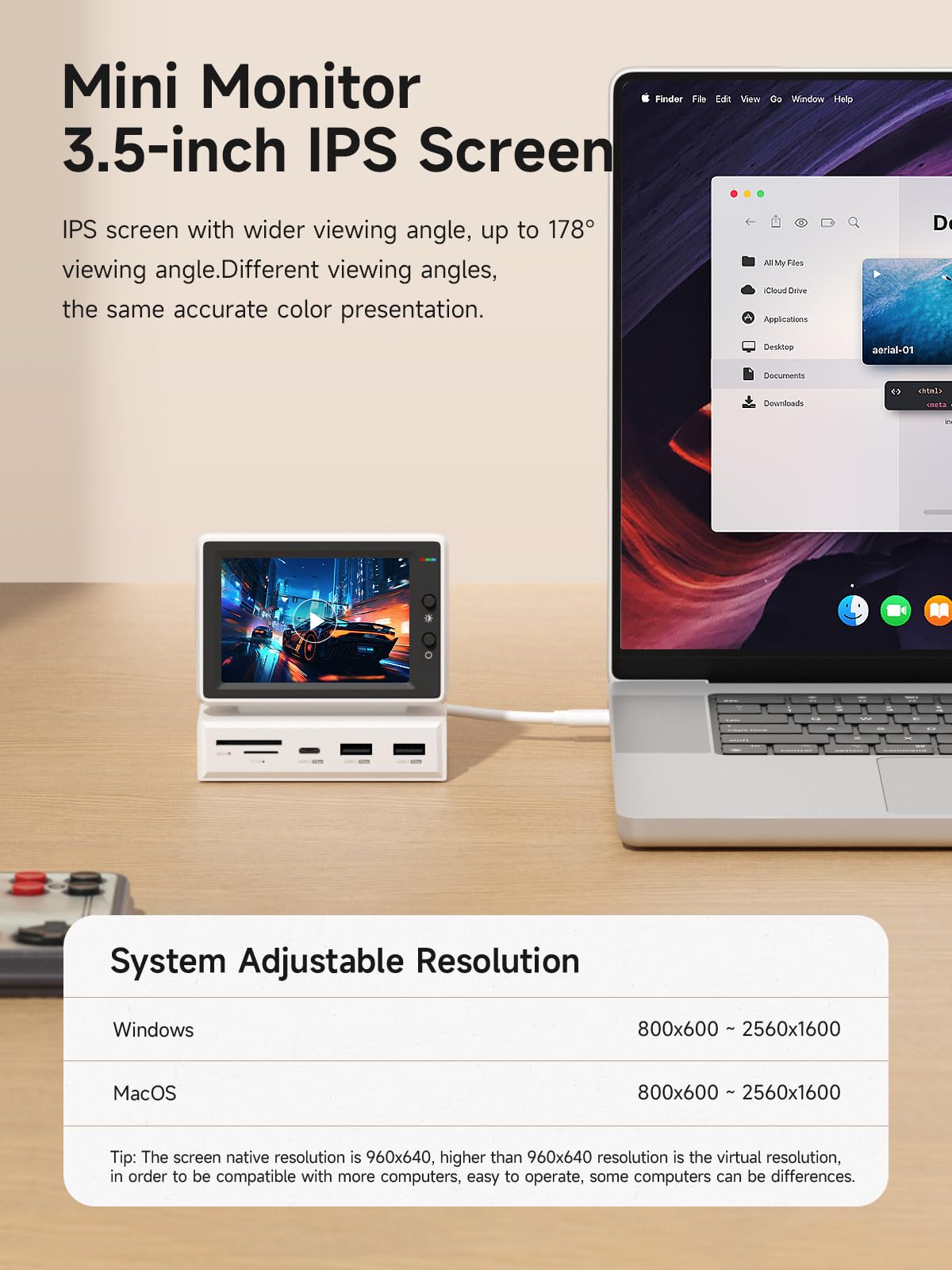 Hagibis - Mini visualización IPS USB de 3.5 pulgadas con concentrador USB C, USB-C y HDMI AIDA64 Mini PC CPU RAM HDD Monitor de datos, temperatura álbum electrónico flotante letras visualización