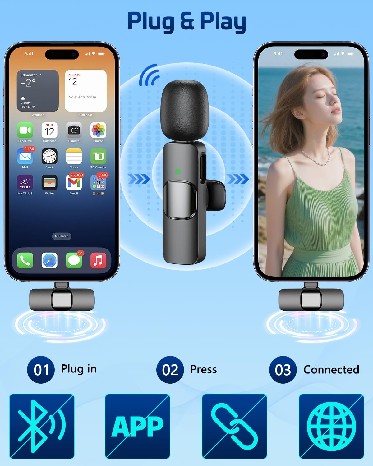 HONGJIEYUAN Micrófono Lavalier inalámbrico rosa para iPhone y Android – Mini micrófono con clip con cancelación de ruido, rango de 65 pies, batería 8H, USB-C/Lightning – para TikTok, YouTube, Podcast