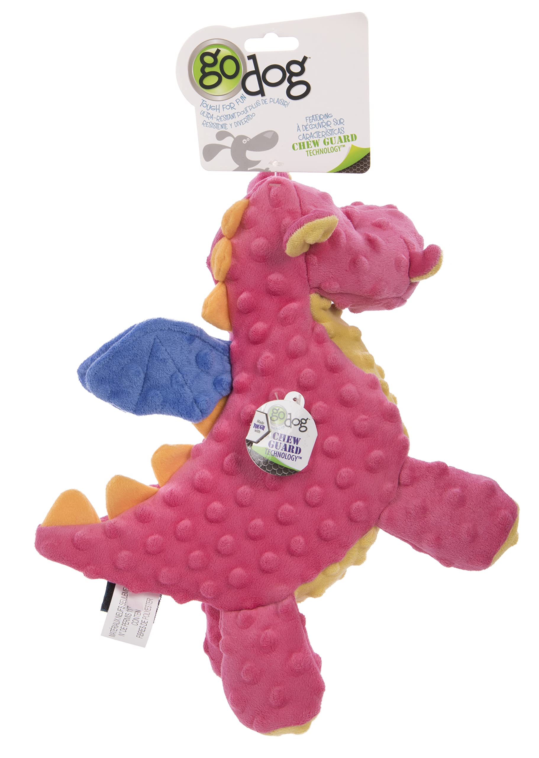 goDog - Juguete de peluche resistente para perros con tecnología Dragon with Chew Guard, color coral, grande