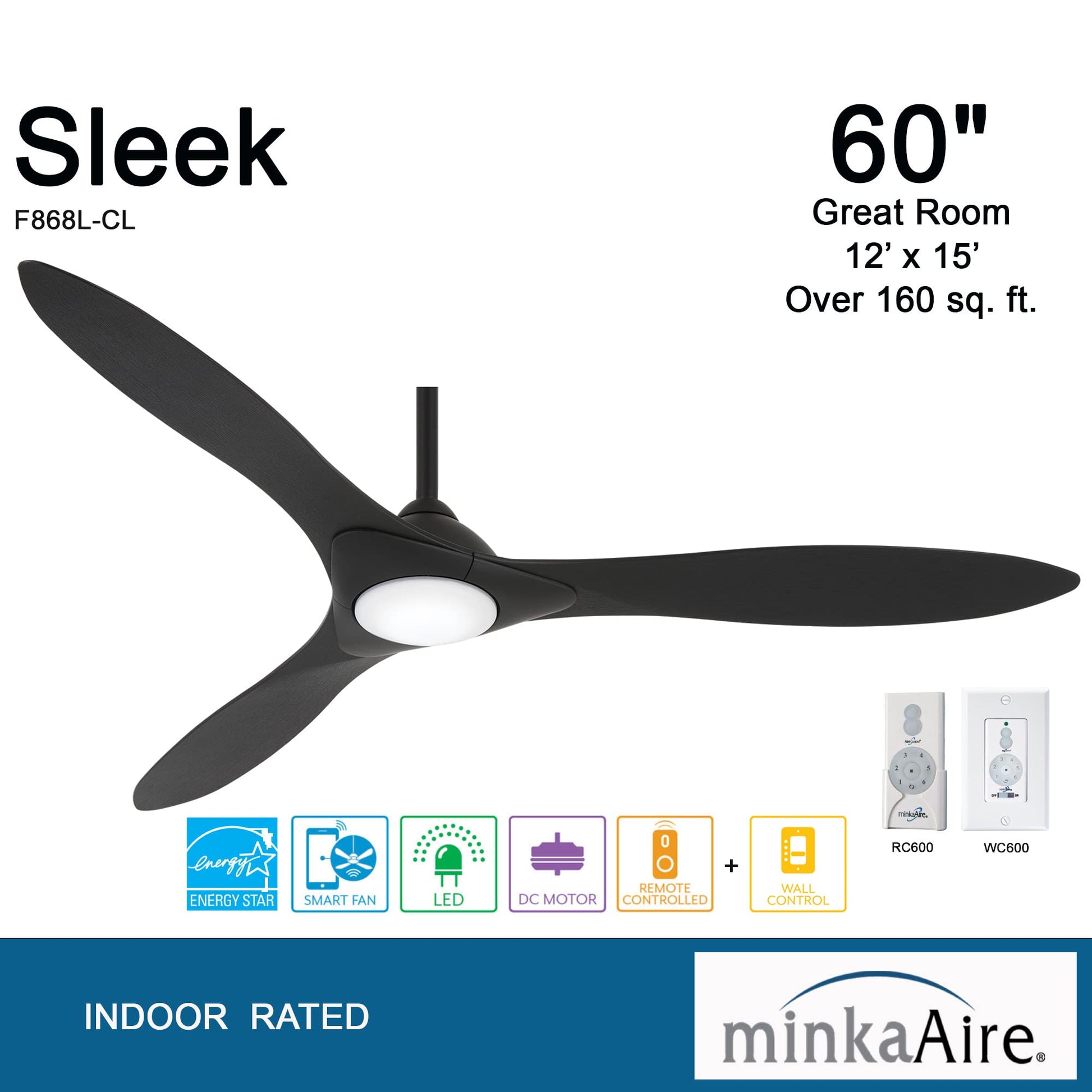 Ventilador de Techo Minka-Aire Negro Carbón con Luz LED y Control Remoto Inteligente