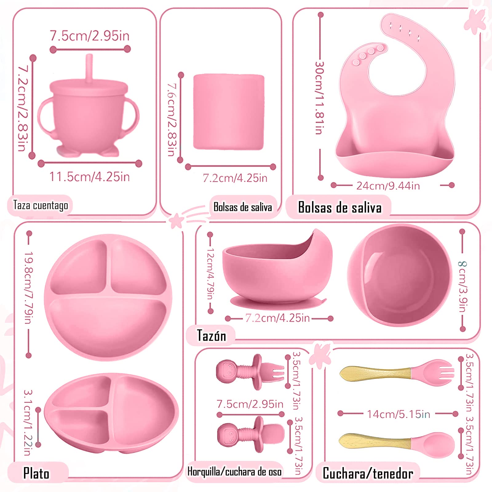 Platos de Silicona para Bebé Antivuelco Set de 10 Piezas Rosa para Niño/Niña