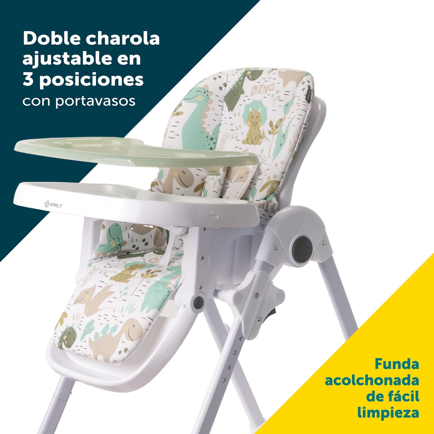 Safety 1st Silla Alta Periquera Tavola, Dinosaurios, 7 posiciones de altura, 3 de reclinación, reposapiés ajustable, doble charola, plegado compacto.