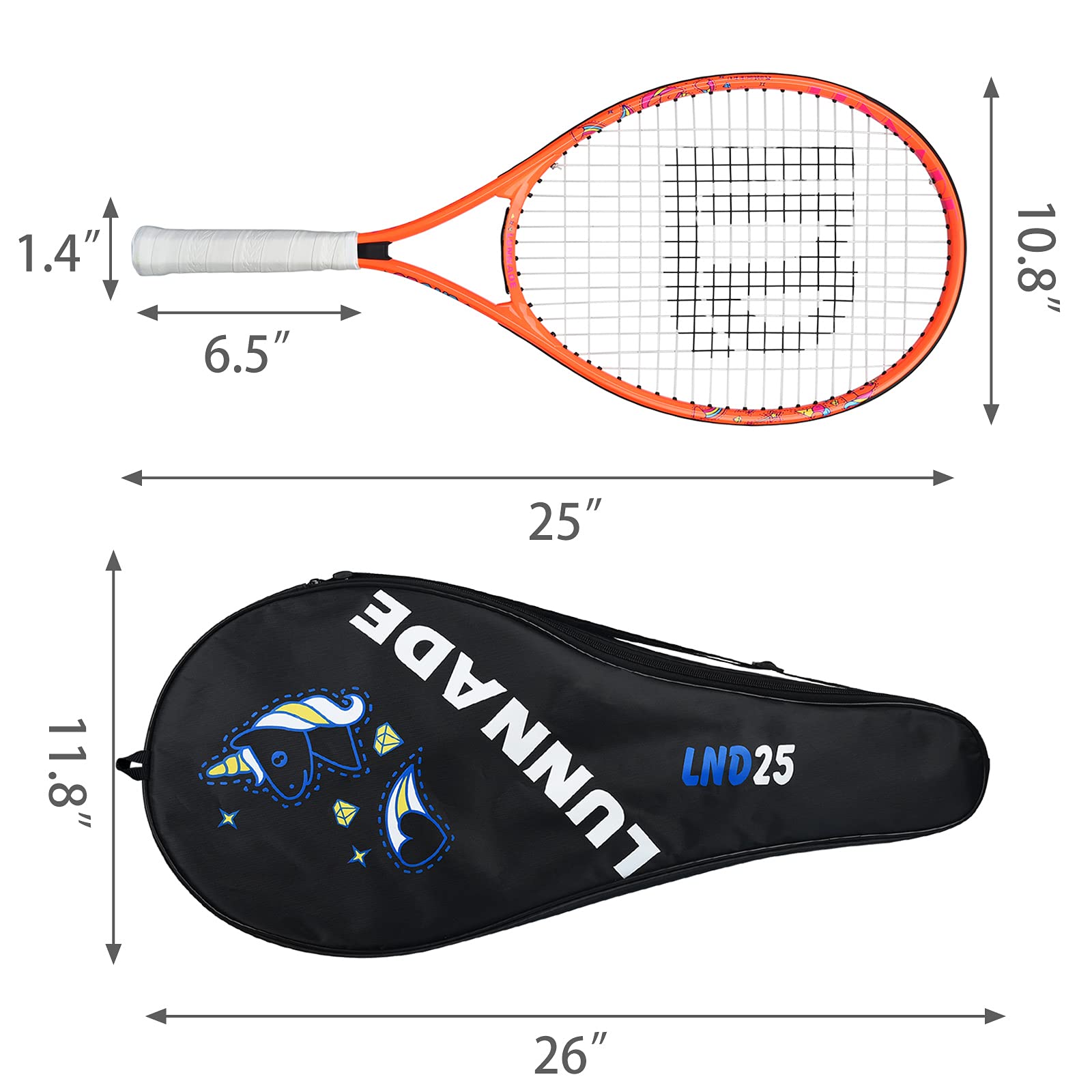 LUNNADE - Raqueta de tenis para niños pequeños, 19/21/23/25 pulgadas con cubierta, adecuada para niños y niñas principiantes de 3 a 12 años