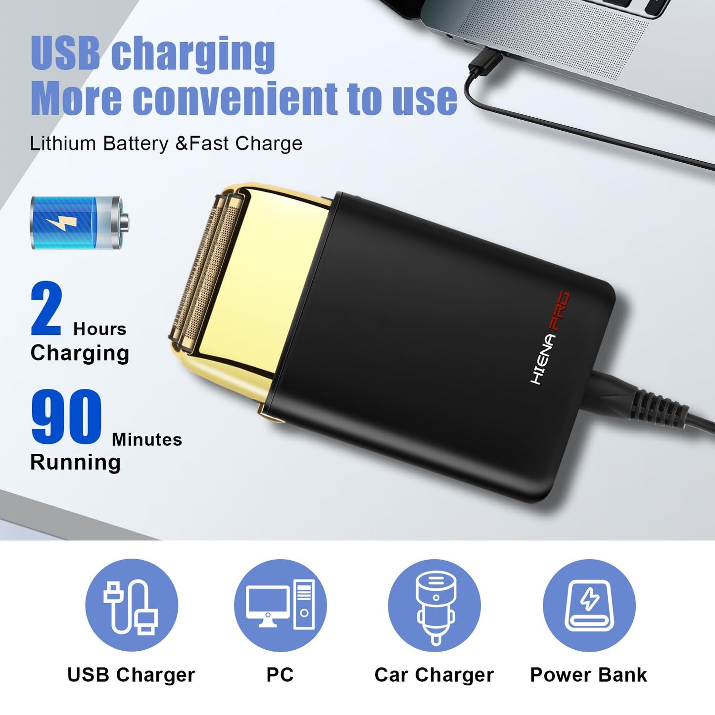 HIENA PRO Afeitadora de Lámina para Hombre Barbero, Doble Cortadora Eléctrica de Lámina, Maquinilla de Afeitar Eléctrica Profesional, Afeitadora Cerrada, Recargable Inalámbrica Con Usb, Oro Negro