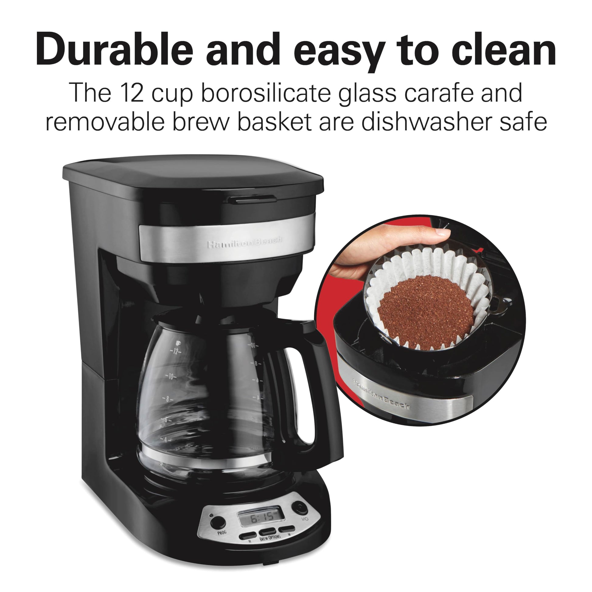Hamilton Beach Cafetera para 12 Tazas, Programable, 3 Opciones de Preparación, Jarra de Vidrio, Negra (46299)