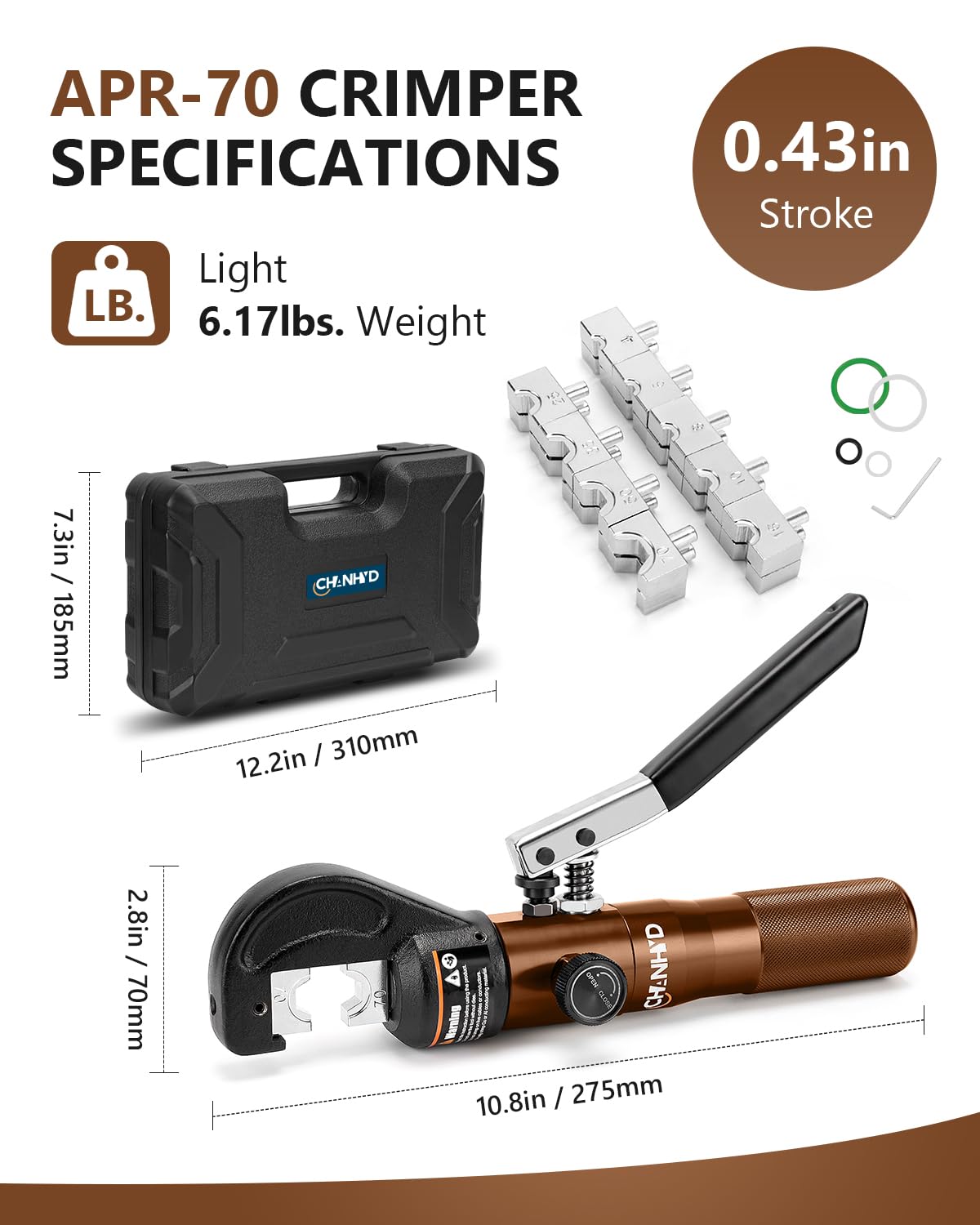 CHANHYD Juego de tenaza engarzadora hidráulica manual para cable de 8 toneladas de EE. UU., 12 AWG a 00 (2/0), herramienta para cable de terminal eléctrico con 9 troqueles