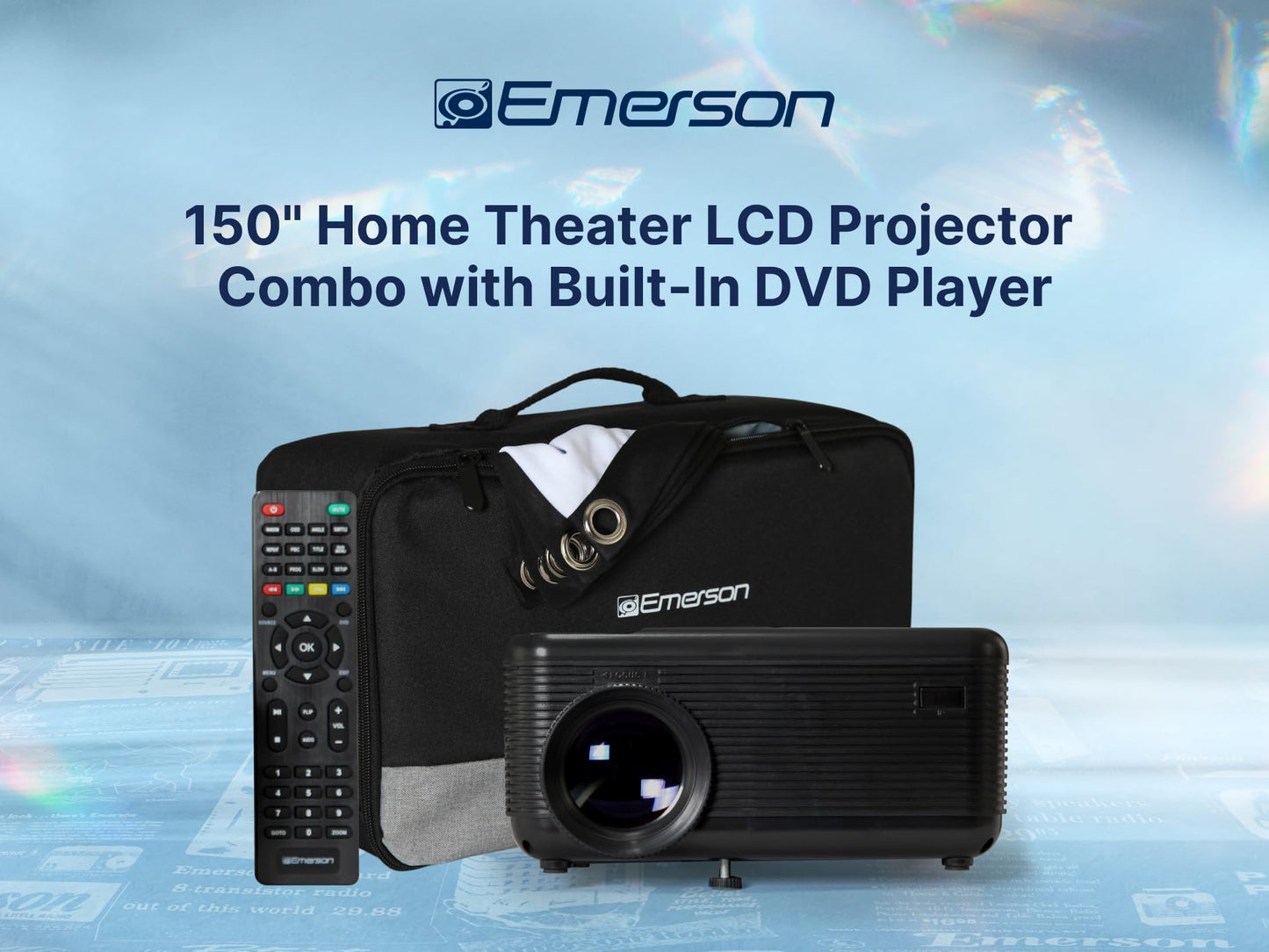 Emerson EVP-2501C - Proyector de cine en casa de 150 pulgadas, reproductor de DVD combinado con Bluetooth, entradas HDMI y USB, altavoz estéreo, control remoto y visualización de proyector, ideal para