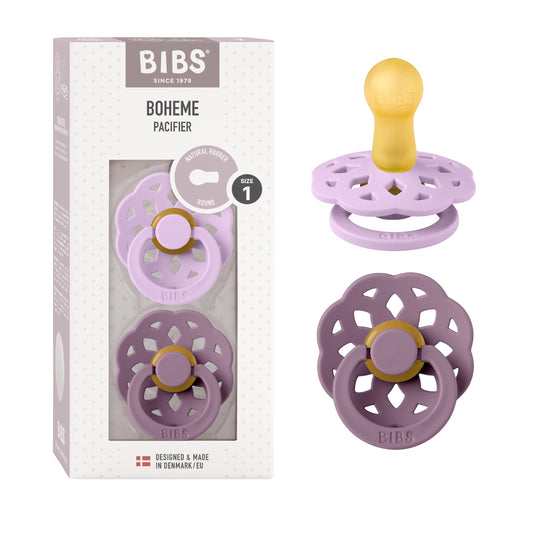 BIBS Chupones Boheme Pack de 2, Tetina redonda de látex natural, Talle 1, Color Violet Sky/Mauve, 0 a 6 meses, Hecho en Dinamarca