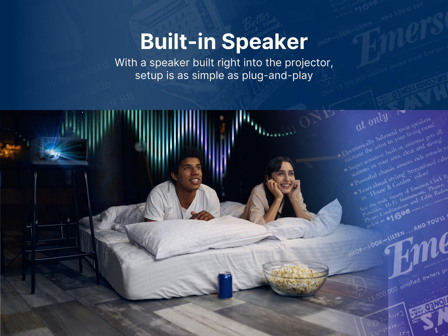 Emerson EVP-2501C - Proyector de cine en casa de 150 pulgadas, reproductor de DVD combinado con Bluetooth, entradas HDMI y USB, altavoz estéreo, control remoto y visualización de proyector, ideal para