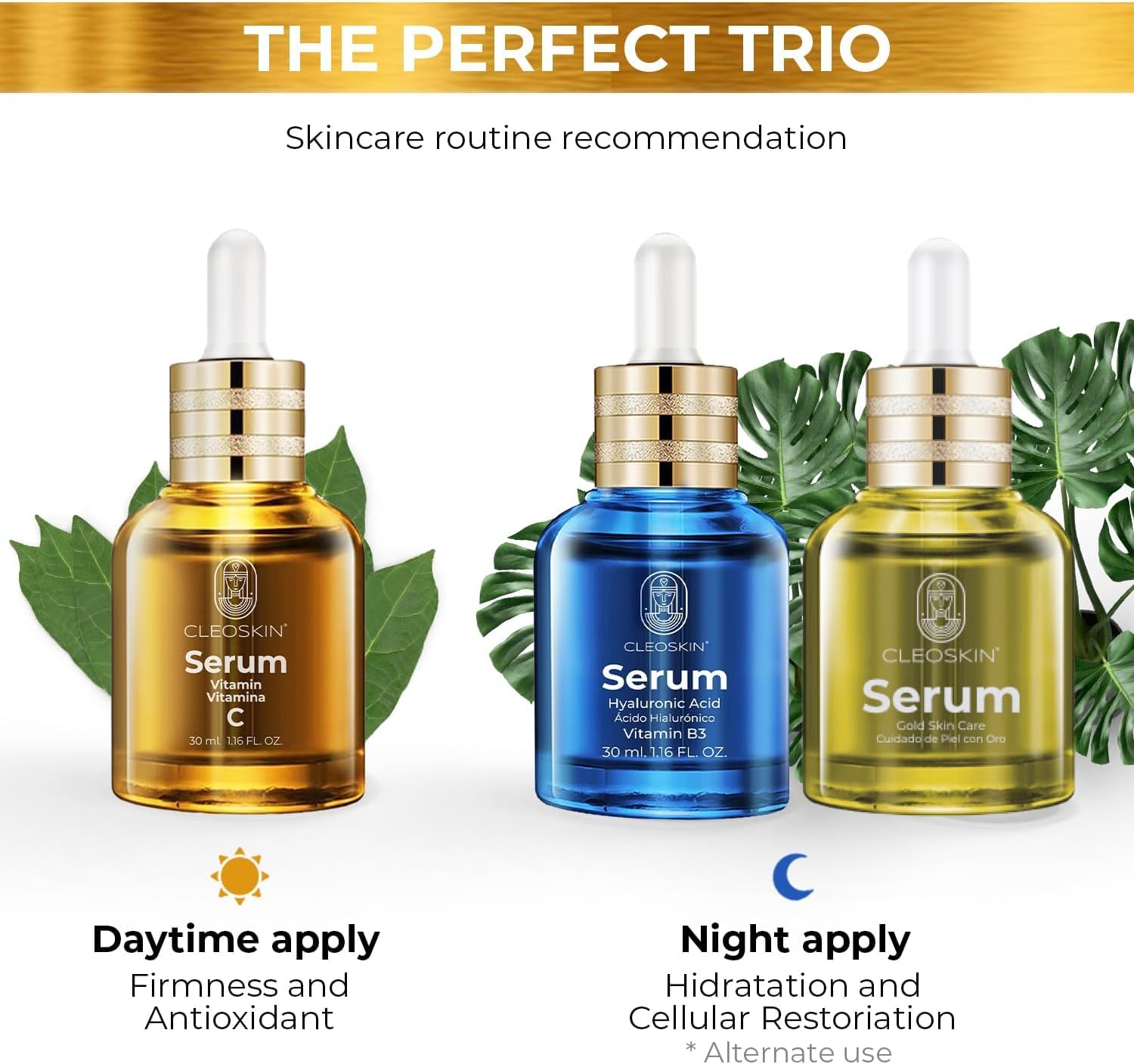 CLEOSKIN Kit 3 sueros faciales, Serum Vitamina C (ácido ascórbico), Serum Ácido Hialurónico con Niacinamida y Serum 24k Oro, para el cuidado de la piel, skincare