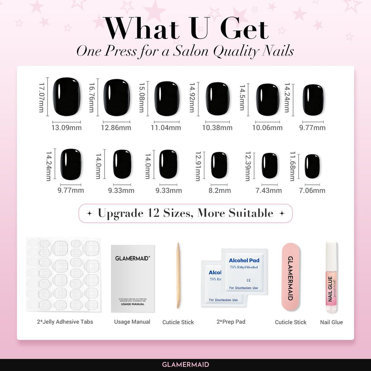 GLAMERMAID Extra Short Press On Uñas - Pure Negro Uñas Falsas Corto Squoval, Natural Redondo Pegamento Cuadrado En Uñas Gel Brillante, Kits de Uñas Postizas Oscuras Acrílicas para Mujeres, Uñas Postiz