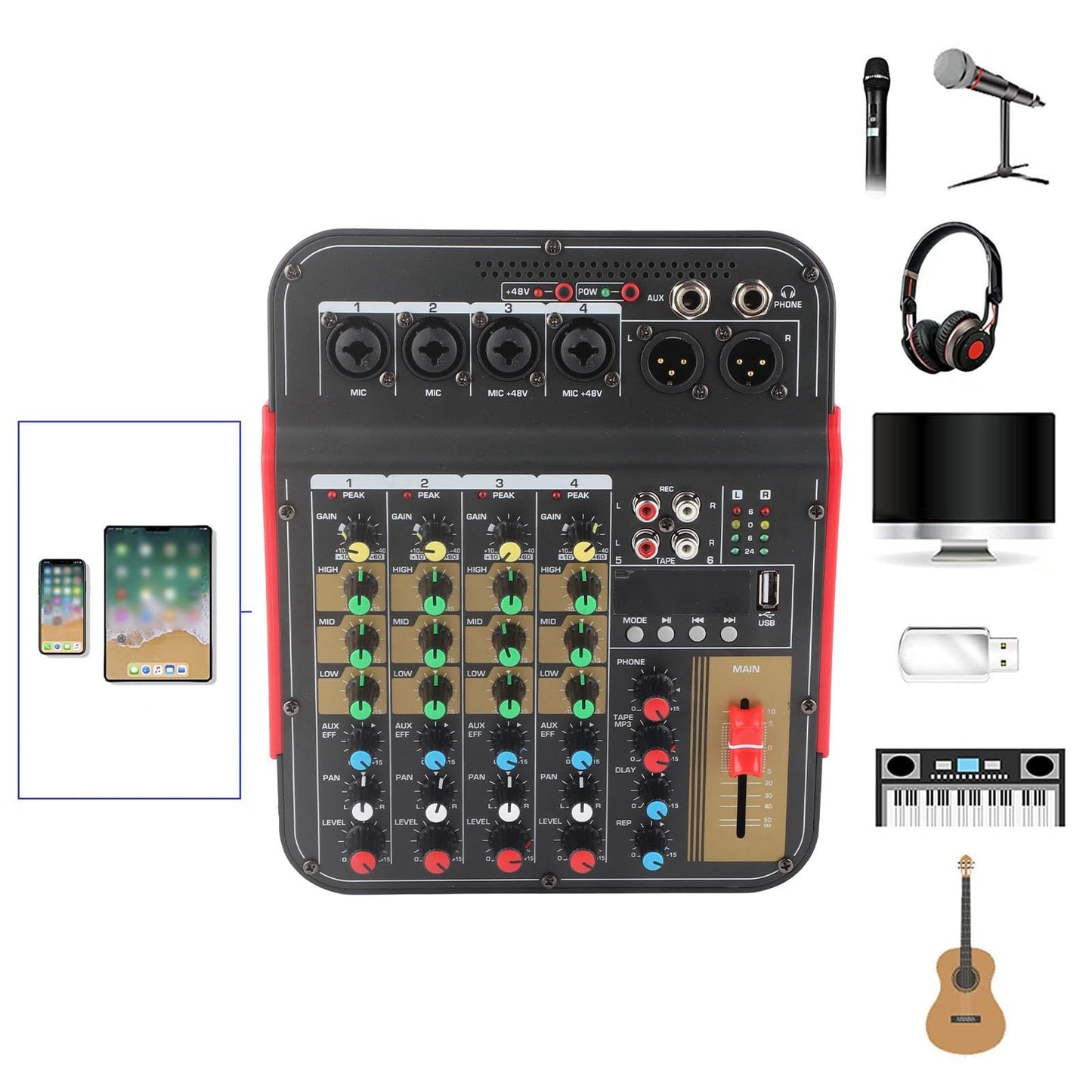 Mesa de Mezcla YYQTGG Metal 4 Canales Profesional con Controlador de Volumen MP3 y Ecualizador 3 Bandas