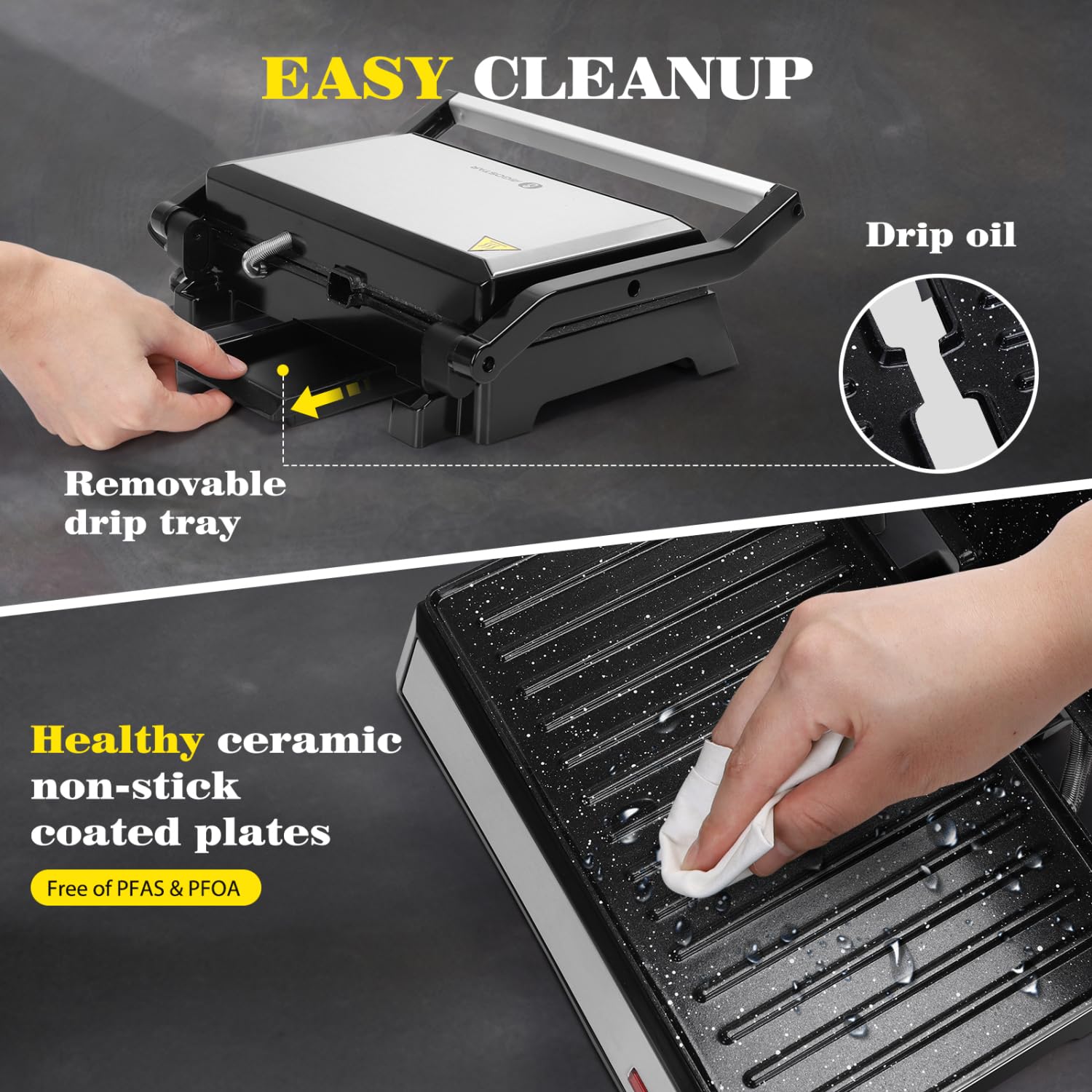 Aigostar Prensa Panini, 1200 W, Parrilla Eléctrica Interior, Placas de Cerámica Antiadherentes, Abre 180° para Adaptarse a Cualquier Tamaño de Alimentos, Negro