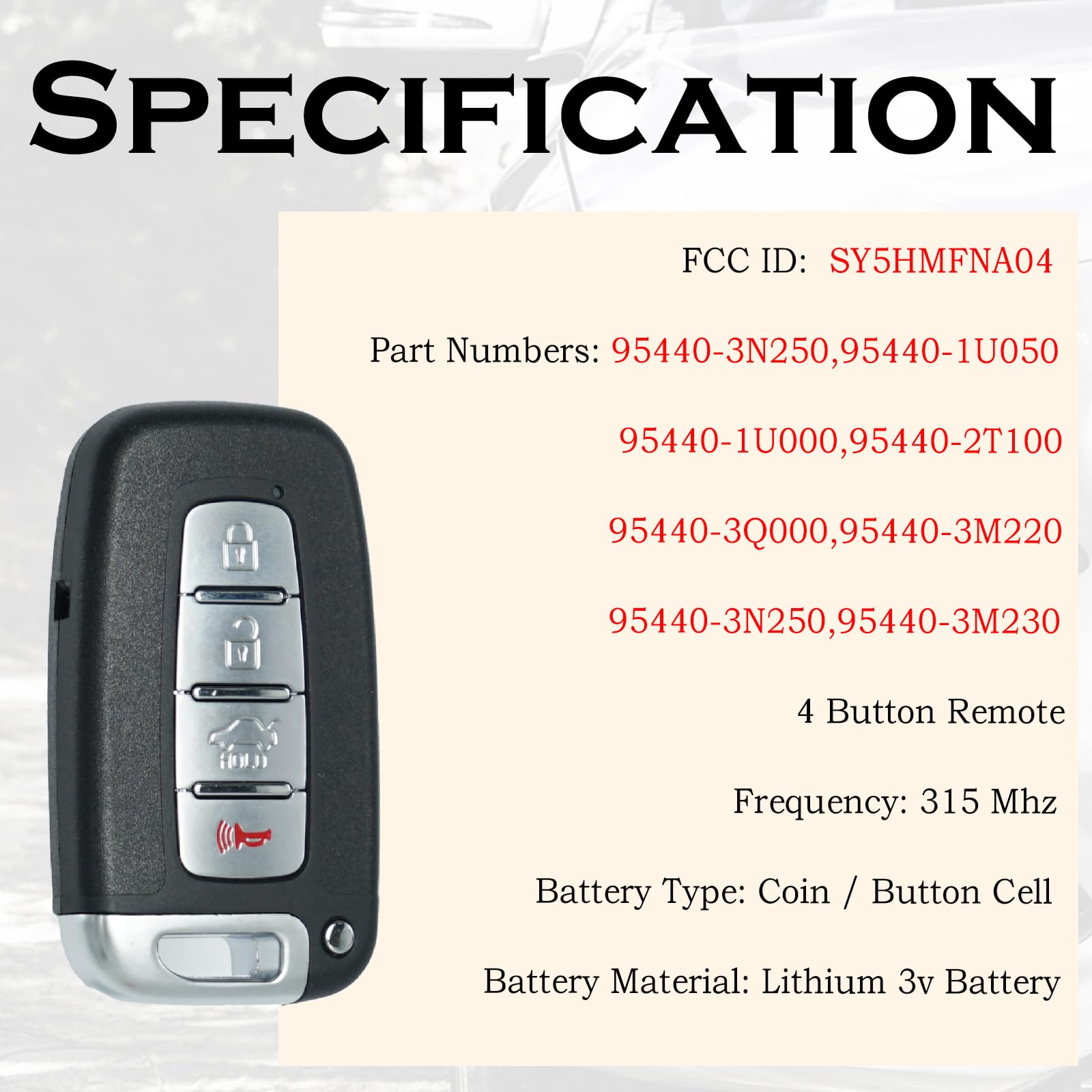 SUPALAND - Llavero de repuesto para Hyundai Sonata Genesis 2010 2011 2012 2013 2014 Azera Equus Kia Optima 2009-2013 Ria Sorento Forte Borrego Control remoto inteligente de entrada sin llave
