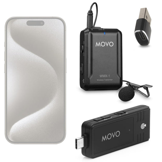 Micrófono Lavalier Inalámbrico Movo USB-C para Android e iPhone 15 con Transmisión de 2,4 GHz y Adaptador USB-A