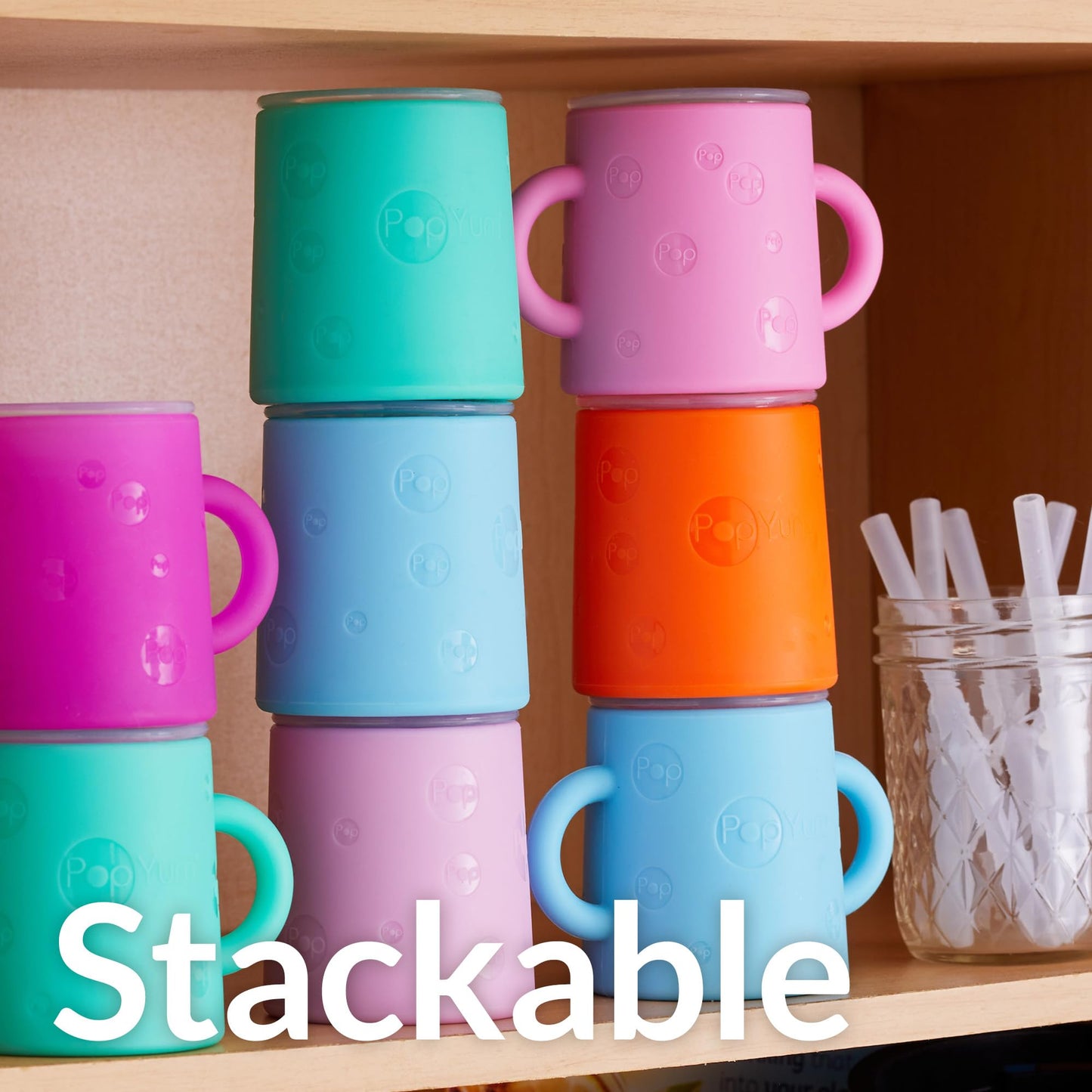 PopYum Taza de Entrenamiento de Silicona con Pajita + Tapa, Paquete de 2 para Bebé, Infante y Niño Pequeño, Vaso, Sippy, Asas, 5 Onzas (verde, rosa)