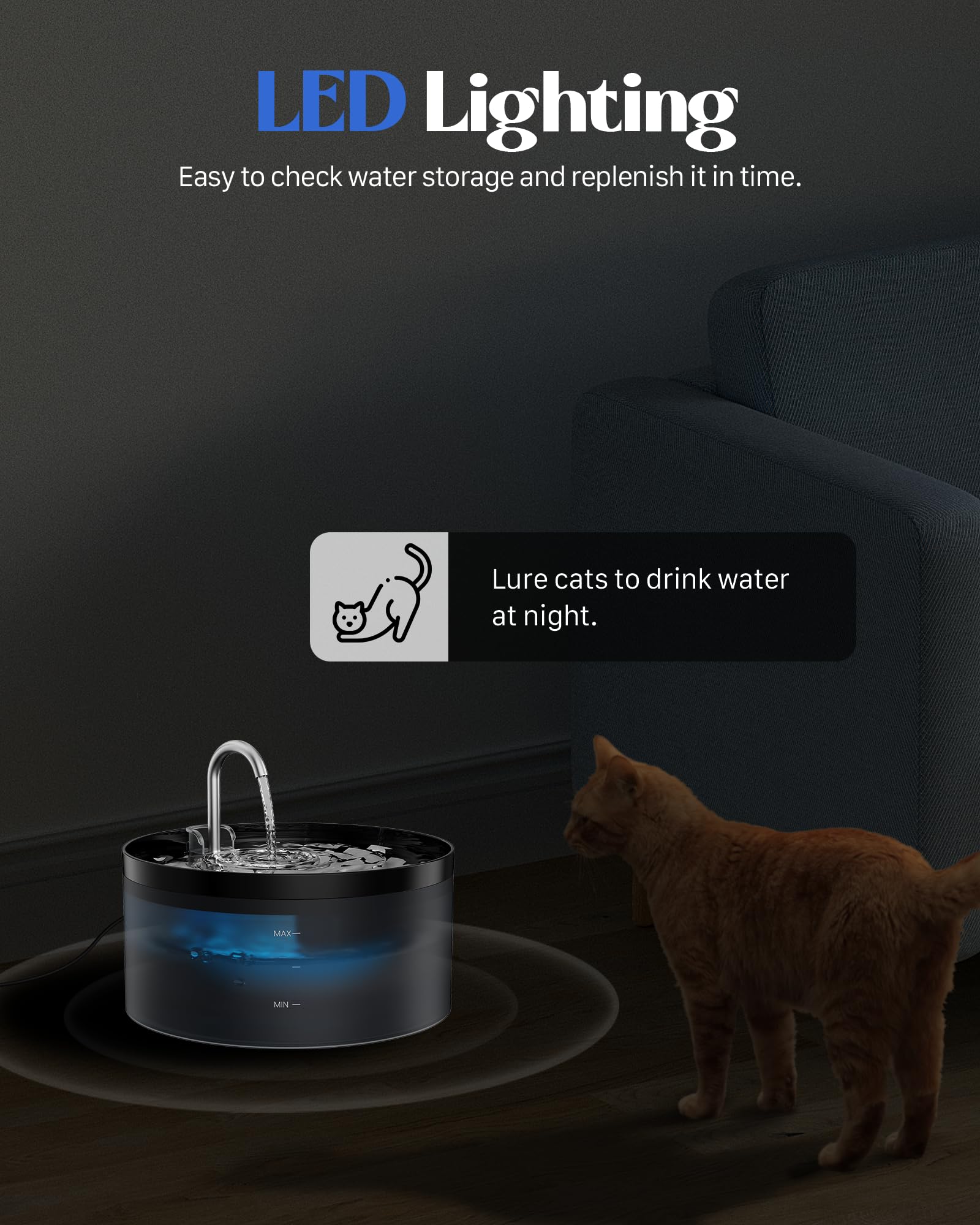 GIOTOHUN - Fuente de agua para gatos para beber, fuente de gato de 3.2 l, súper silenciosa, luz LED integrada, filtro de carbón activado, tanque de agua translúcido, fuente de agua para gatos para