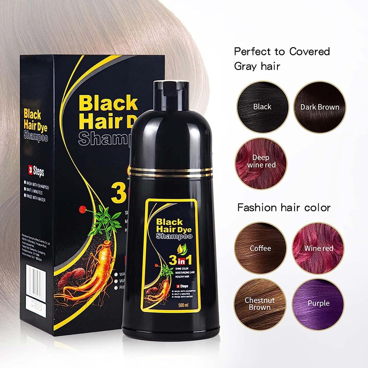Black Instant Hair Color Shampoo for Gray Hair, 3 In 1 Black Hair Dye Shampoo, 100% Grey Coverage, Easy Hair Dye Shampoo