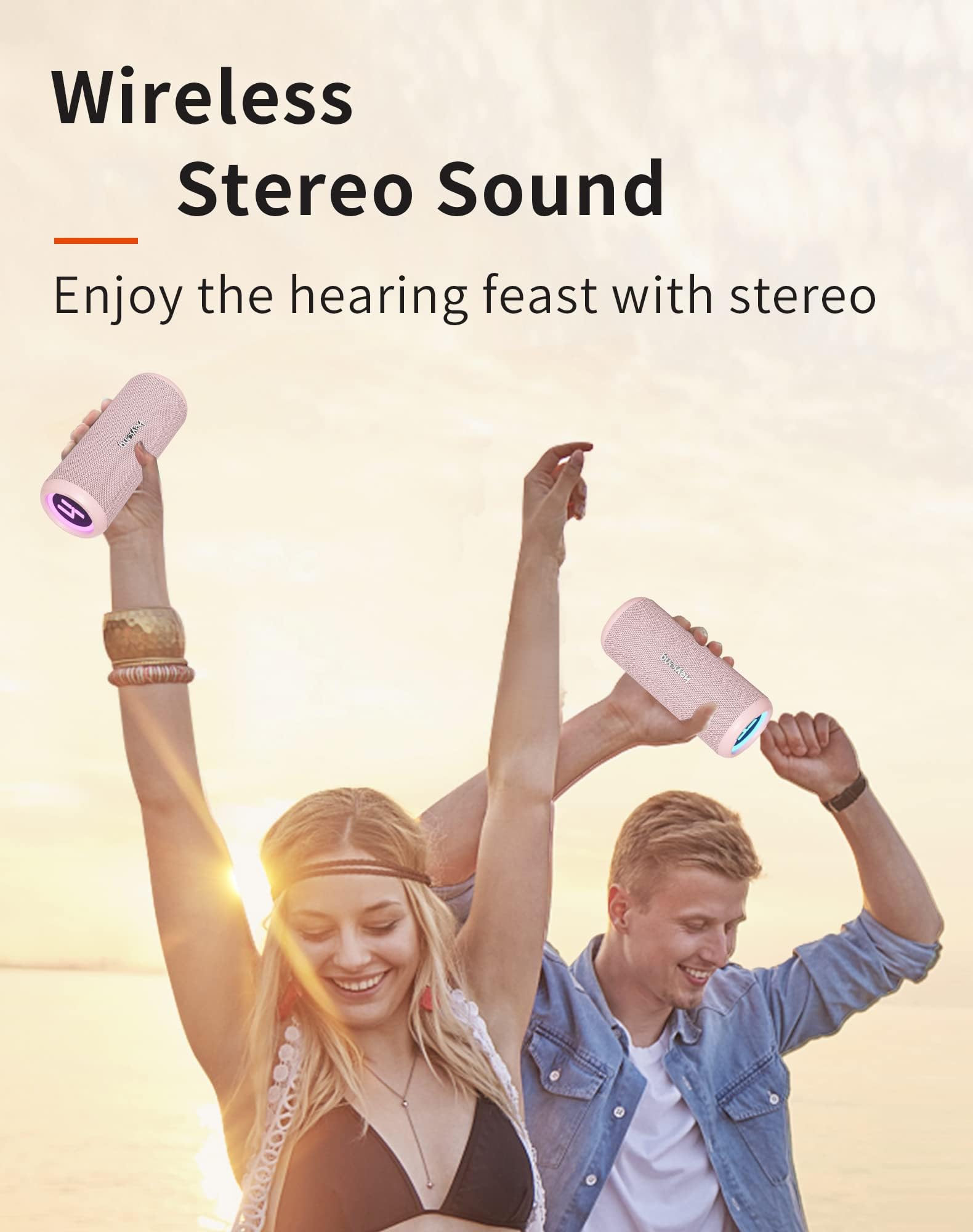 HEYSONG Bocina Bluetooth 5.3 30W para Fiestas Luz RGB, Altavoz Portátil Impermeable IPX6, AUX, Micro SD,TF Tarjeta, USB, stéreo de Doble emparejamiento bocinas para Viaje, Fiesta, Hogar - Rosa