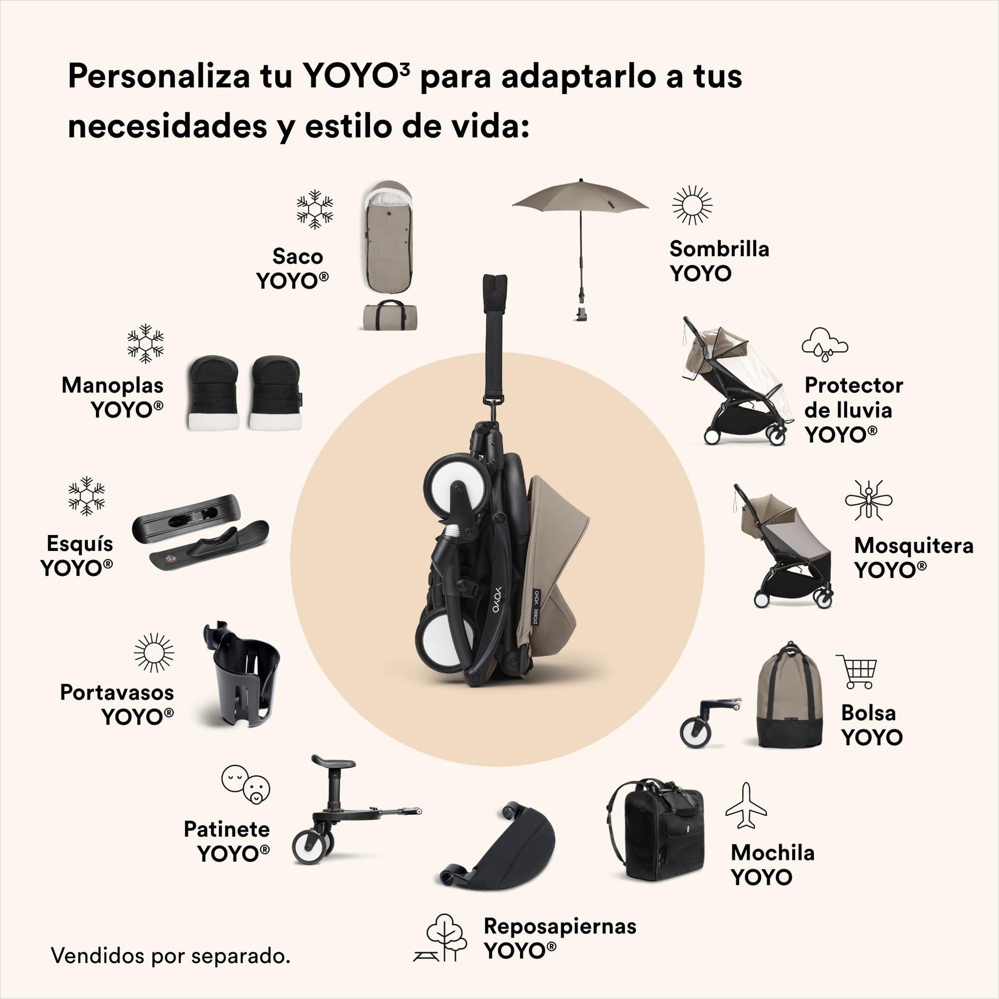 Carriola Stokke YOYO3 a partir de 6 meses - Incluye chasis blanco/cojín de asiento Taupe + dosel - Se pliega y despliega en un instante - Ligeroa y compacta - Compatible con equipaje de mano