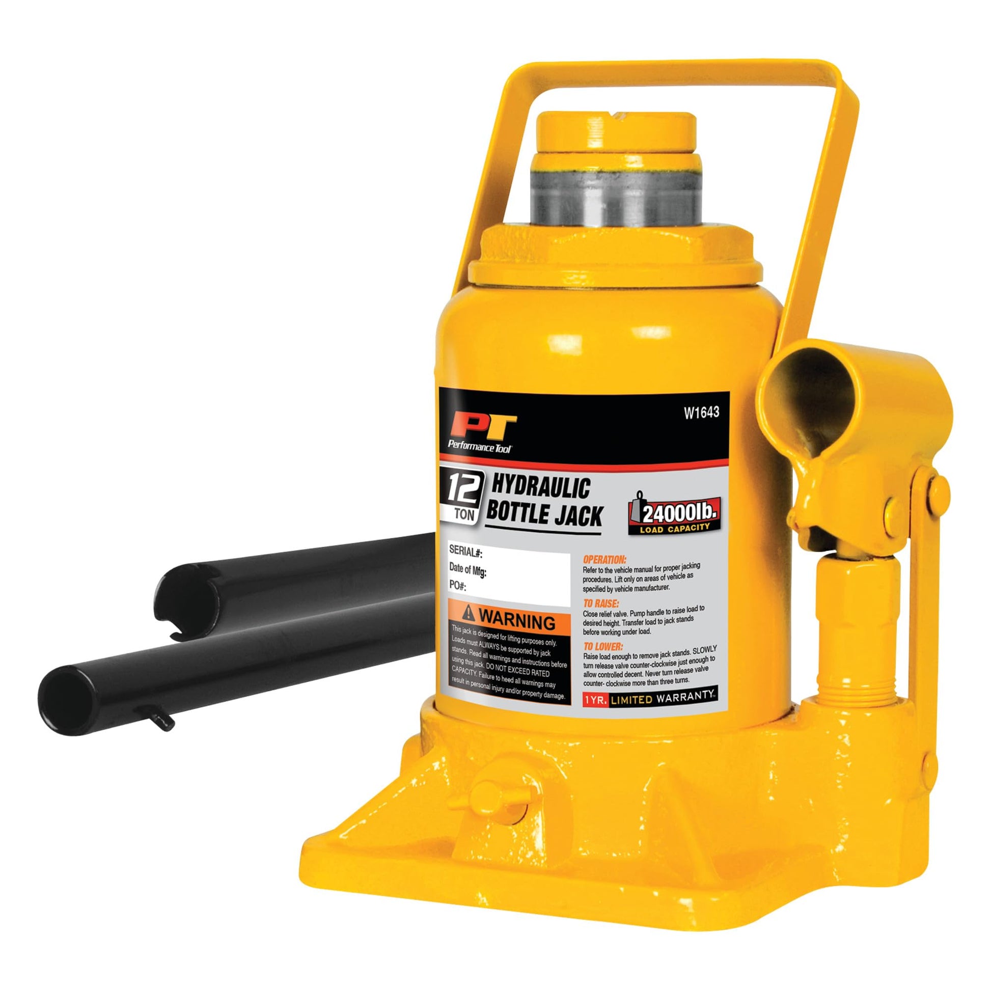 Performance Tool W1643 - Gato de botella corto resistente para mantenimiento de vehículos, capacidad de 12 toneladas (24 libras)