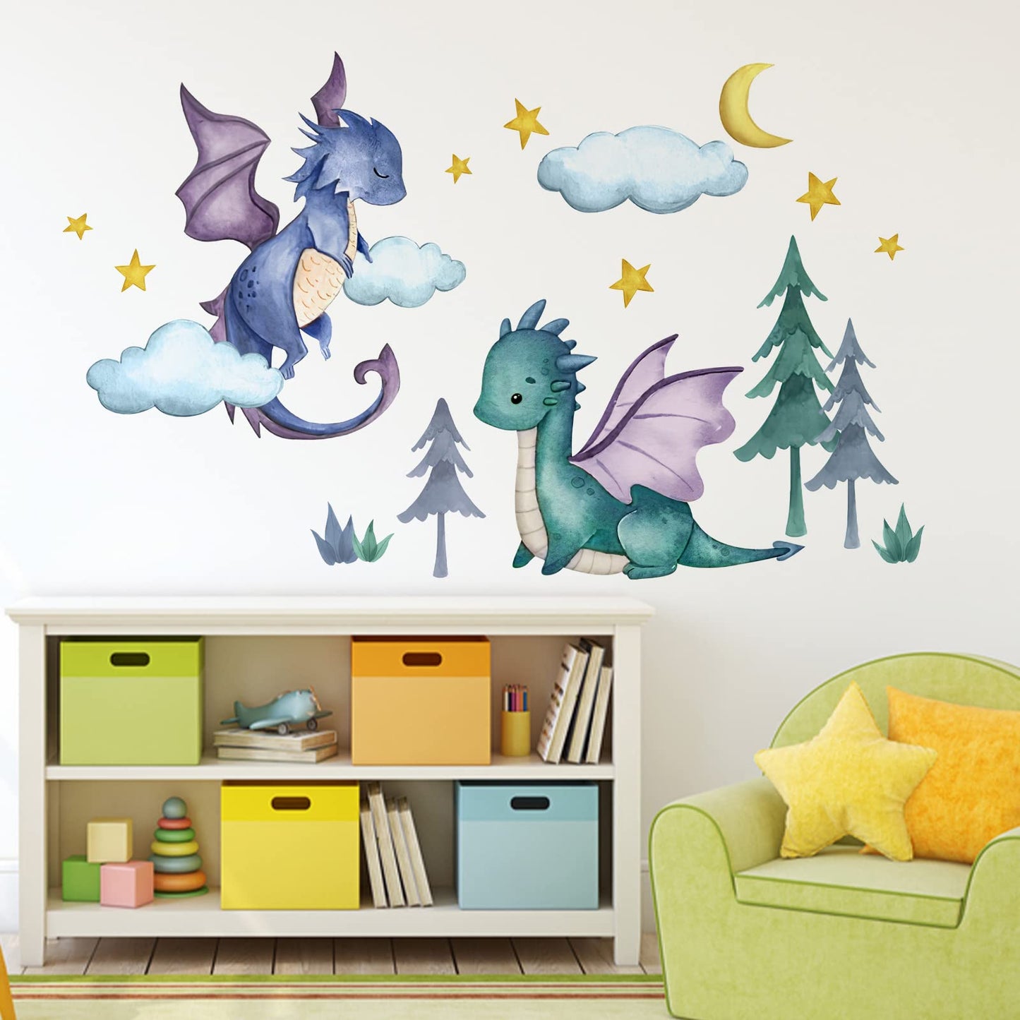 Yovkky Calcomanías de Pared de Dragón Bebé, Luna Estrellas Nubes Bosque Guardería Sala de Juegos Decoración, Habitación de Niños Decoraciones del Hogar Arte de Recámara de Niños Varones