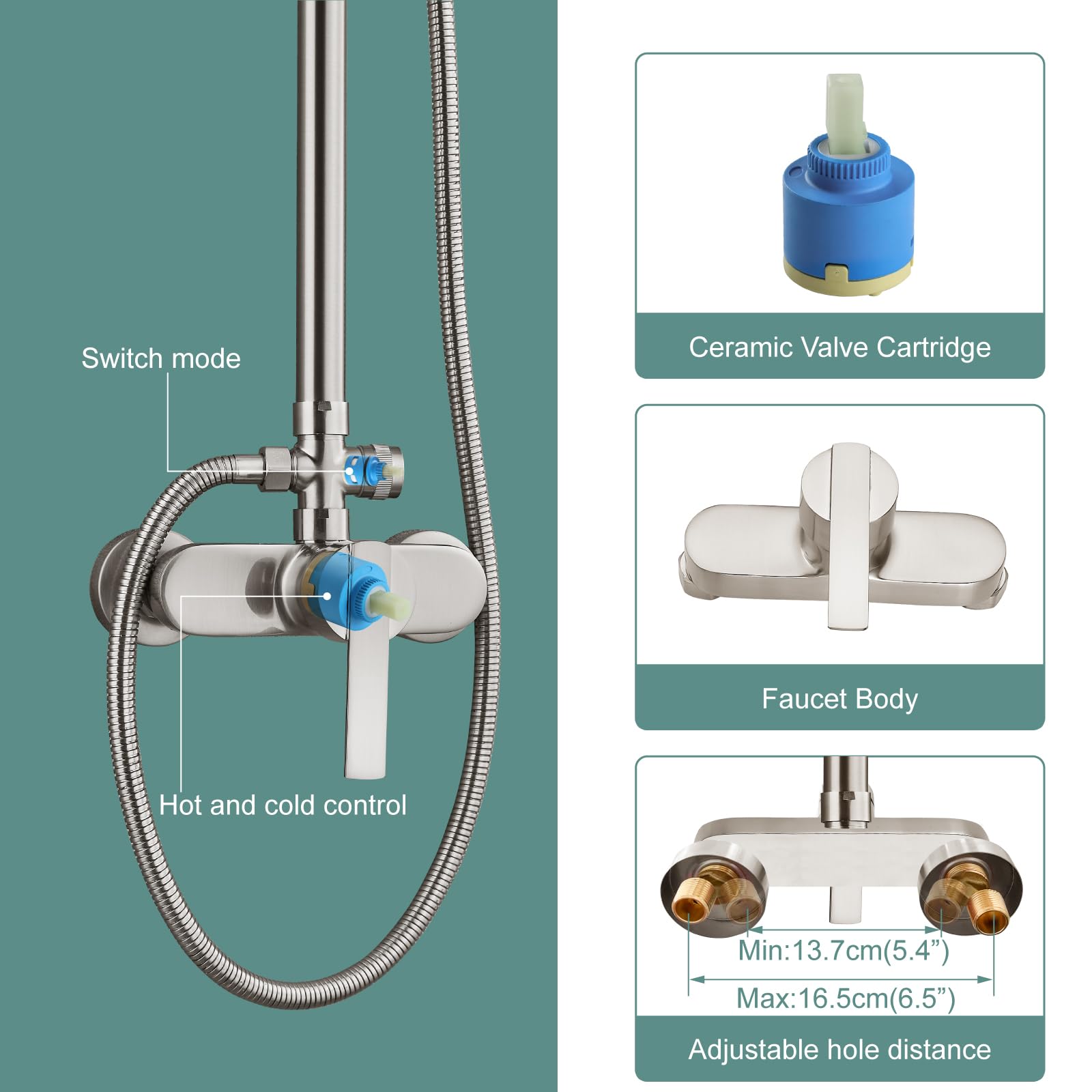 Heyalan - Sistema de ducha de tubo expuesto, níquel cepillado de 8 pulgadas, cabezal de ducha de lluvia, juego combinado de accesorios de latón de una sola manija con pulverizador de mano, barra