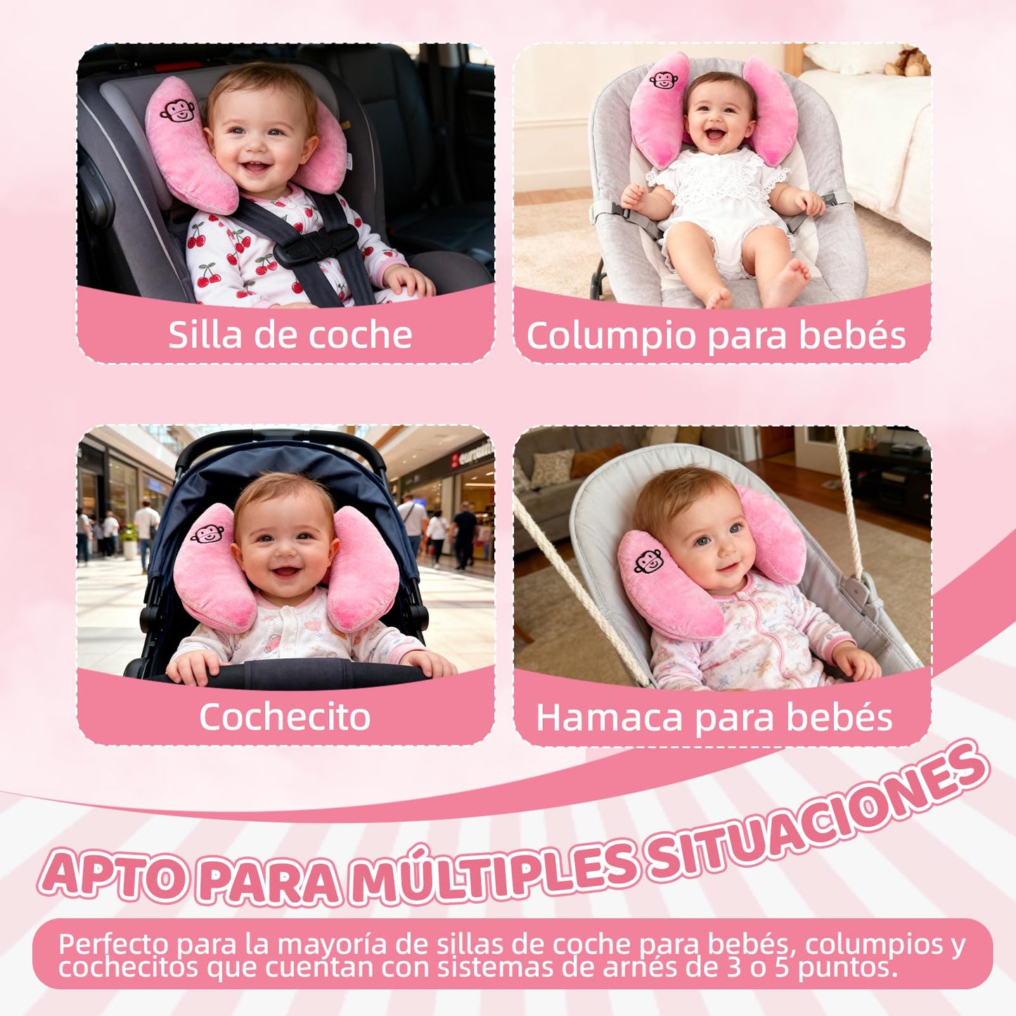 REKOBON Reposacabezas de Viaje Ajustable para Bebés, Paquete de 2, Rosa