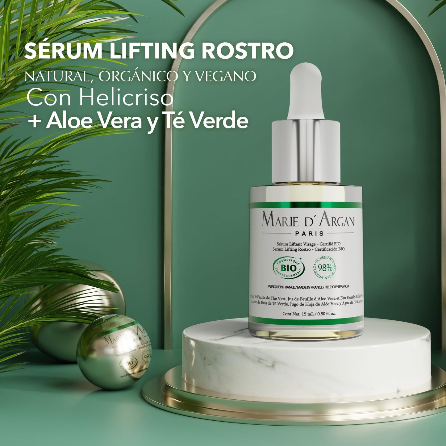 Marie d'Argan Sérum Lifting Rostro Natural, Orgánico y Vegano, Aloe Vera, Té Verde, Antiedad, Hidratante, Unisex
