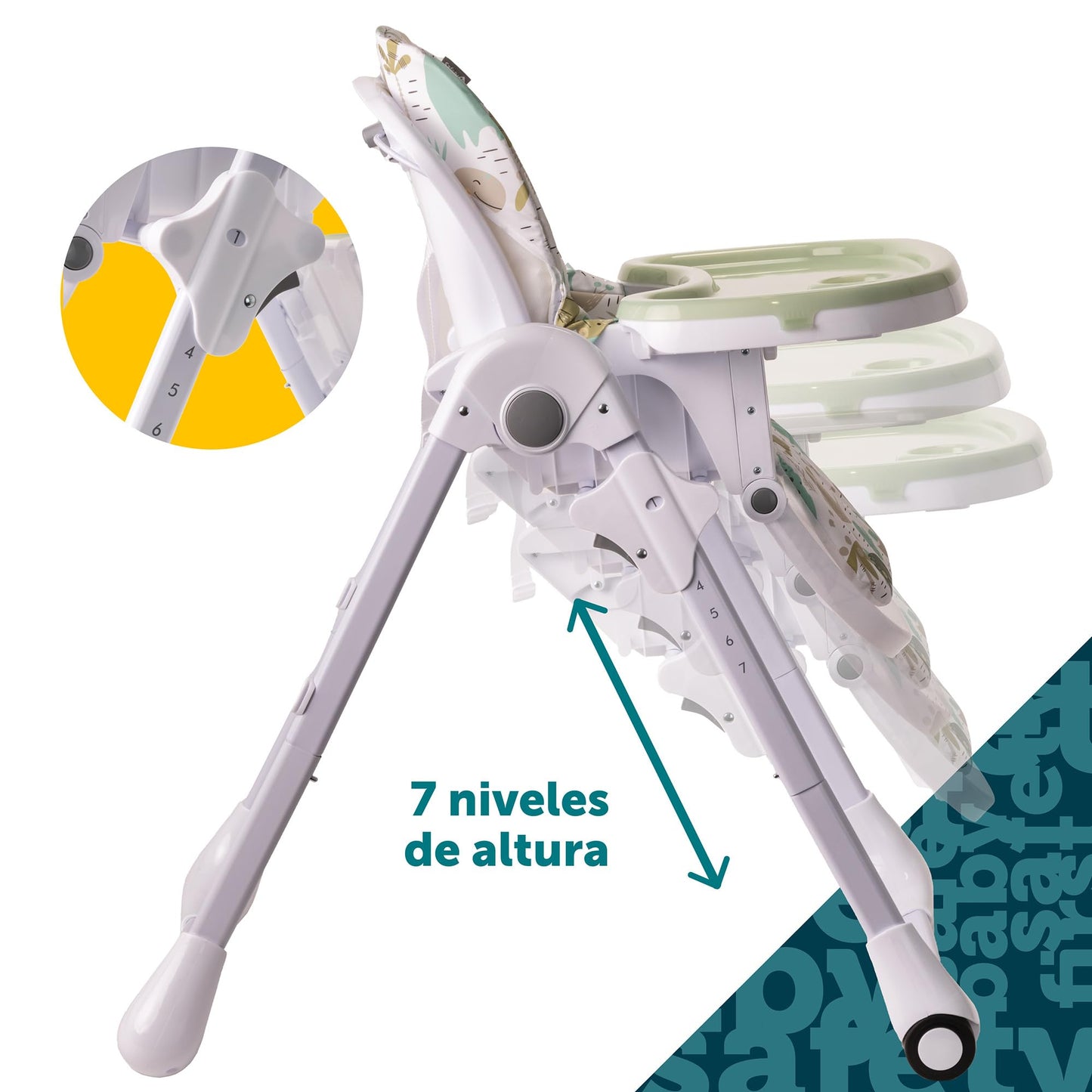 Safety 1st Silla Alta Periquera Tavola, Dinosaurios, 7 posiciones de altura, 3 de reclinación, reposapiés ajustable, doble charola, plegado compacto.