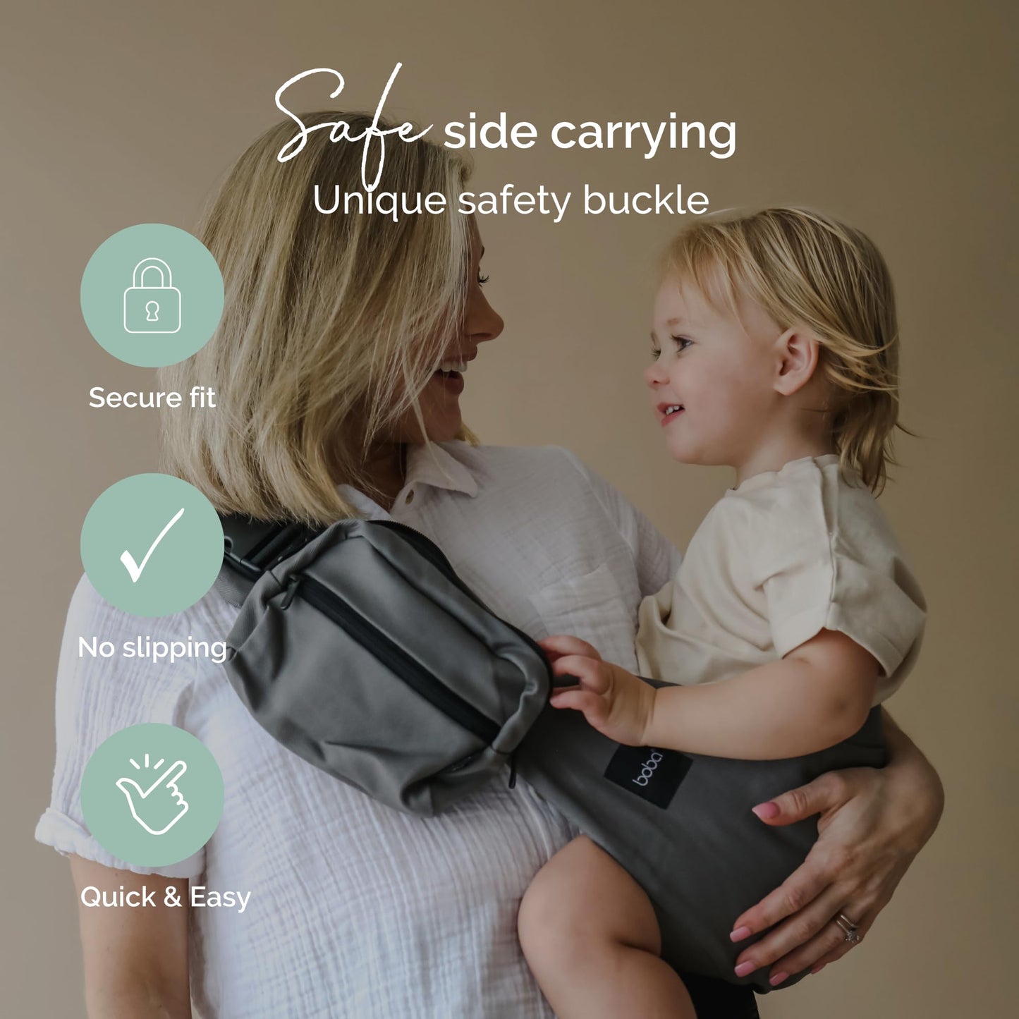 Boba Buddy - Sling portabebés 100% algodón, ergonómico con correas ajustables, hebilla de seguridad y asiento espacioso, incluye bolsa de transporte a juego (9-48 meses/18-44 libras) - Gris