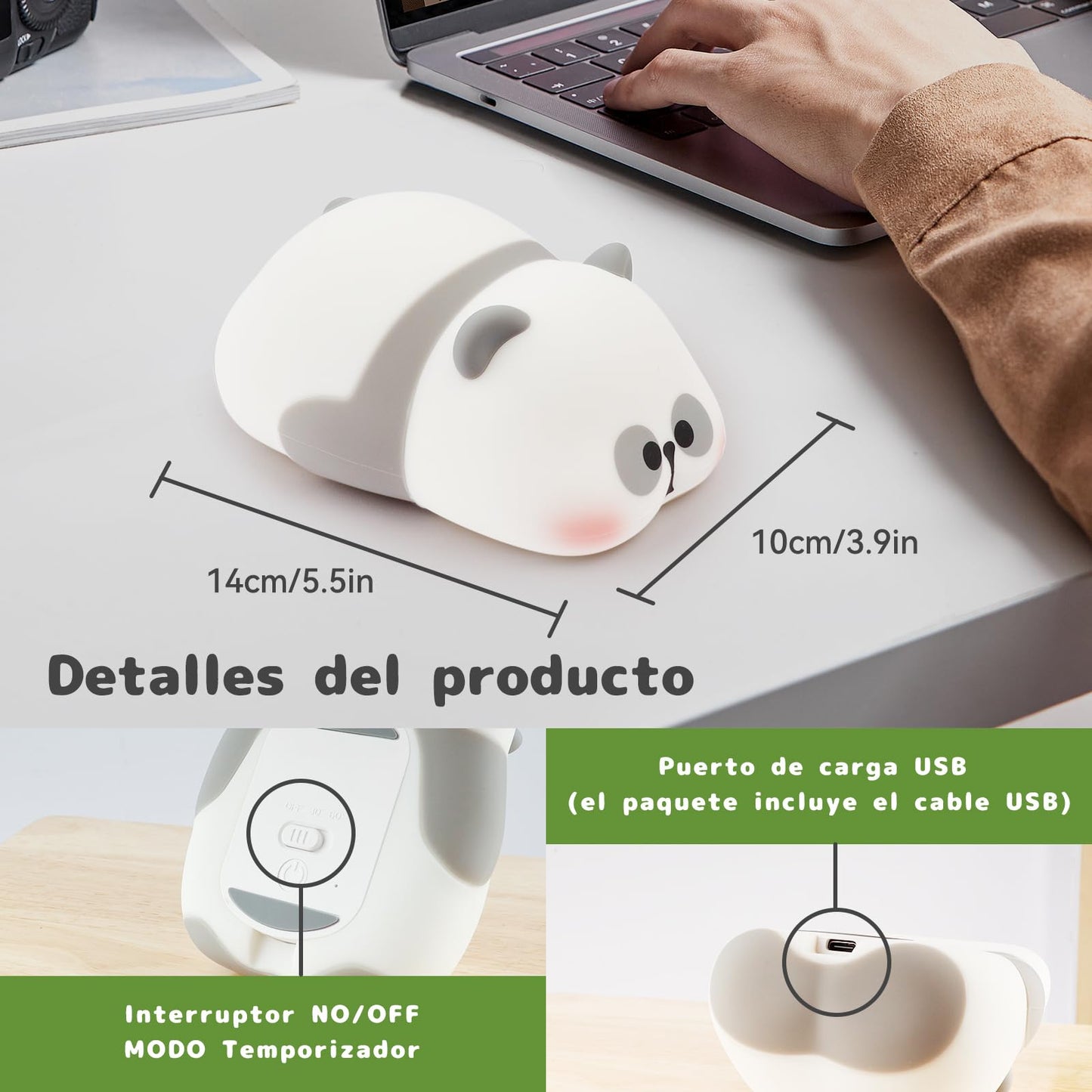 KUAEAY Luz de Noche de Pan-da para Bebé, Silicona Luz Nocturna Infantil, Lampara USB Recargable Portatil para Niños Habitación,3 Regulación, Linda Luz Nocturna para Dormir Lactancia, Decoración