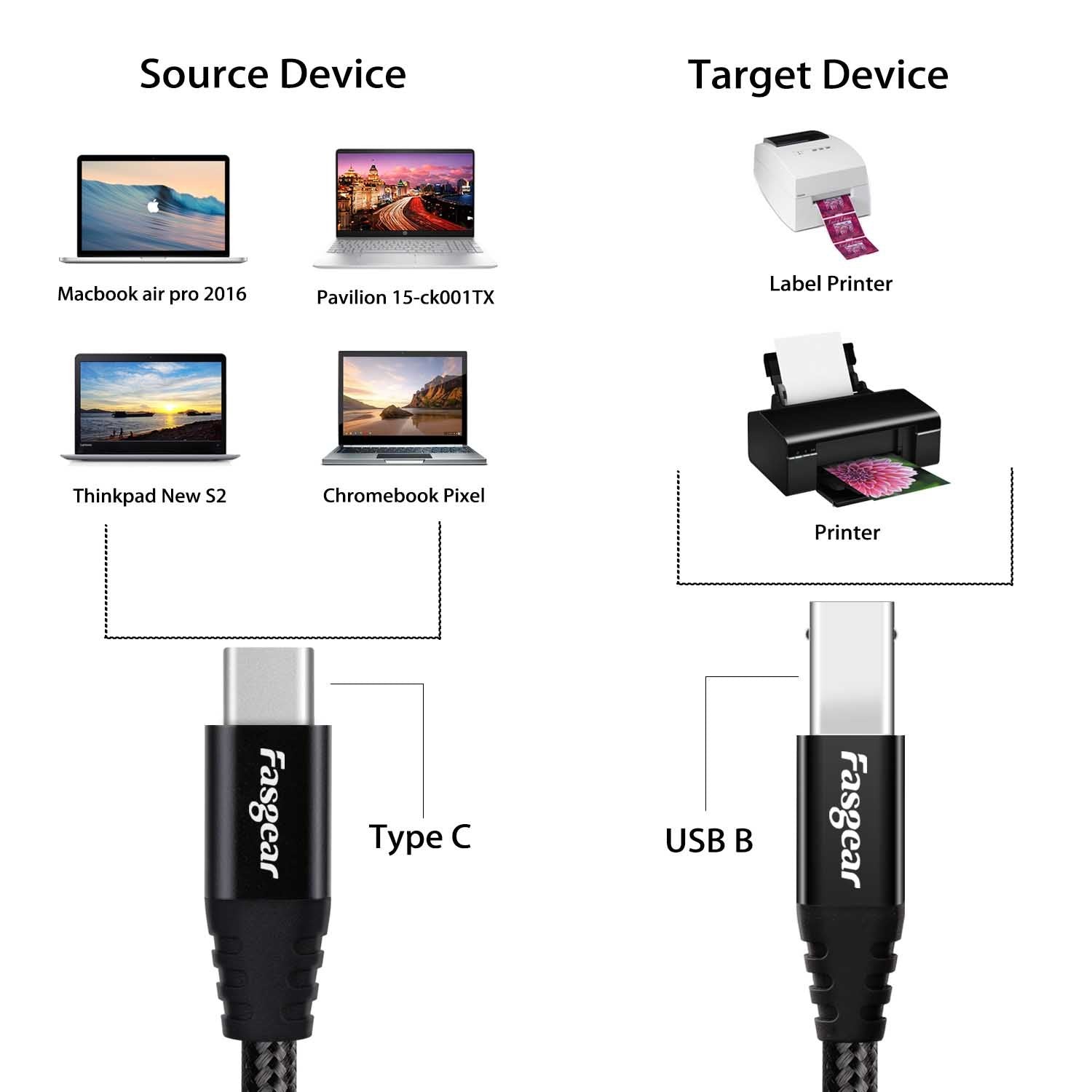 Cable USB C a USB B Midi Fasgear Negro 5m Nylon Braided con Conector Metálico para Impresoras y Teclado Piano