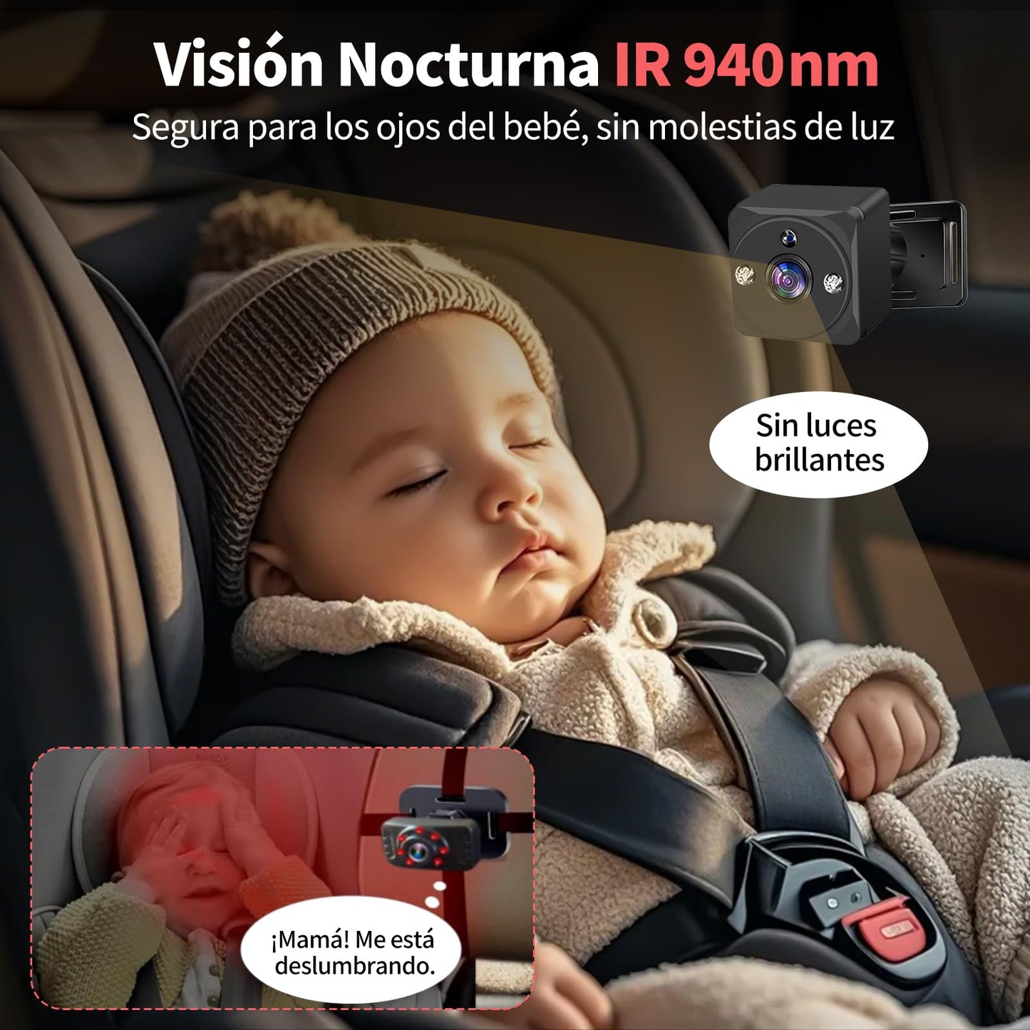 Muja Cámara Coche Bebé Asiento Trasero, Pantalla HD de 7 Pulgadas 1080p, El Coche con 2 Cámaras Giratorias de 360°, Lente Gran Angular de 150°, Visión Nocturna, Garantizar la Seguridad del Bebé
