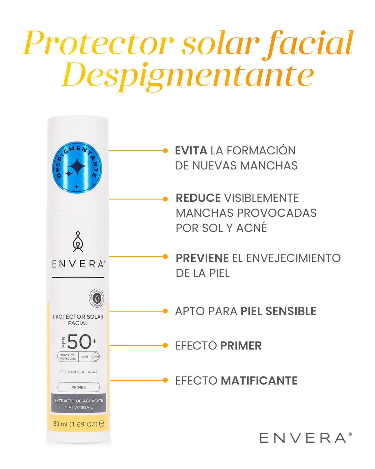 ENVERA | Protector Solar Facial Despigmentante SPF 50+ 2 En 1 | Bloqueador Solar Facial Oil Control Toque Seco + Primer Toque Seco | Acabado Mate Mousse | Vegano Resistente Al Agua