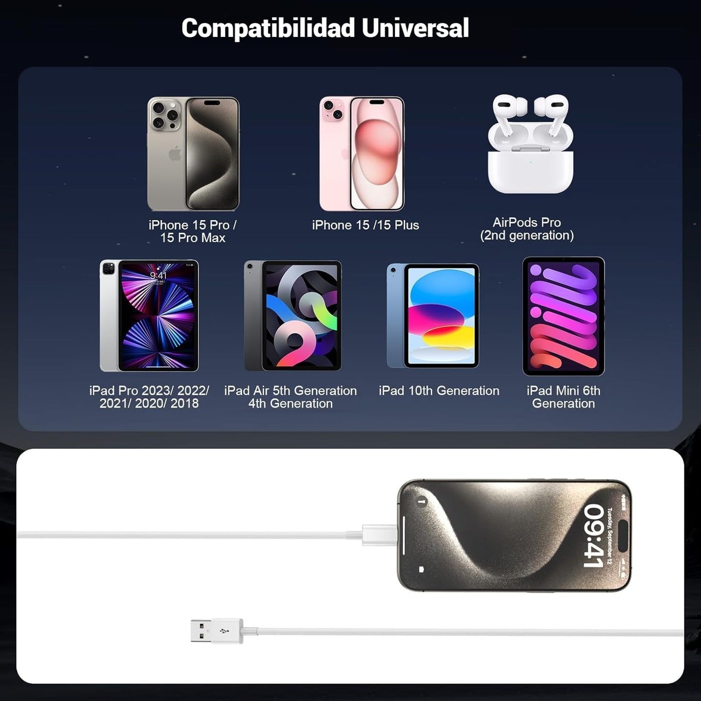 Cable USB C para Carga Rápida CarPlay - Compatible con iPhone 16/15 Plus/Pro/Pro Max, USB A a USB C, iPad USB C 10ª Generación/Air, Cable de Cargador de Coche de 3 Pies para Carga Estable y Rápida