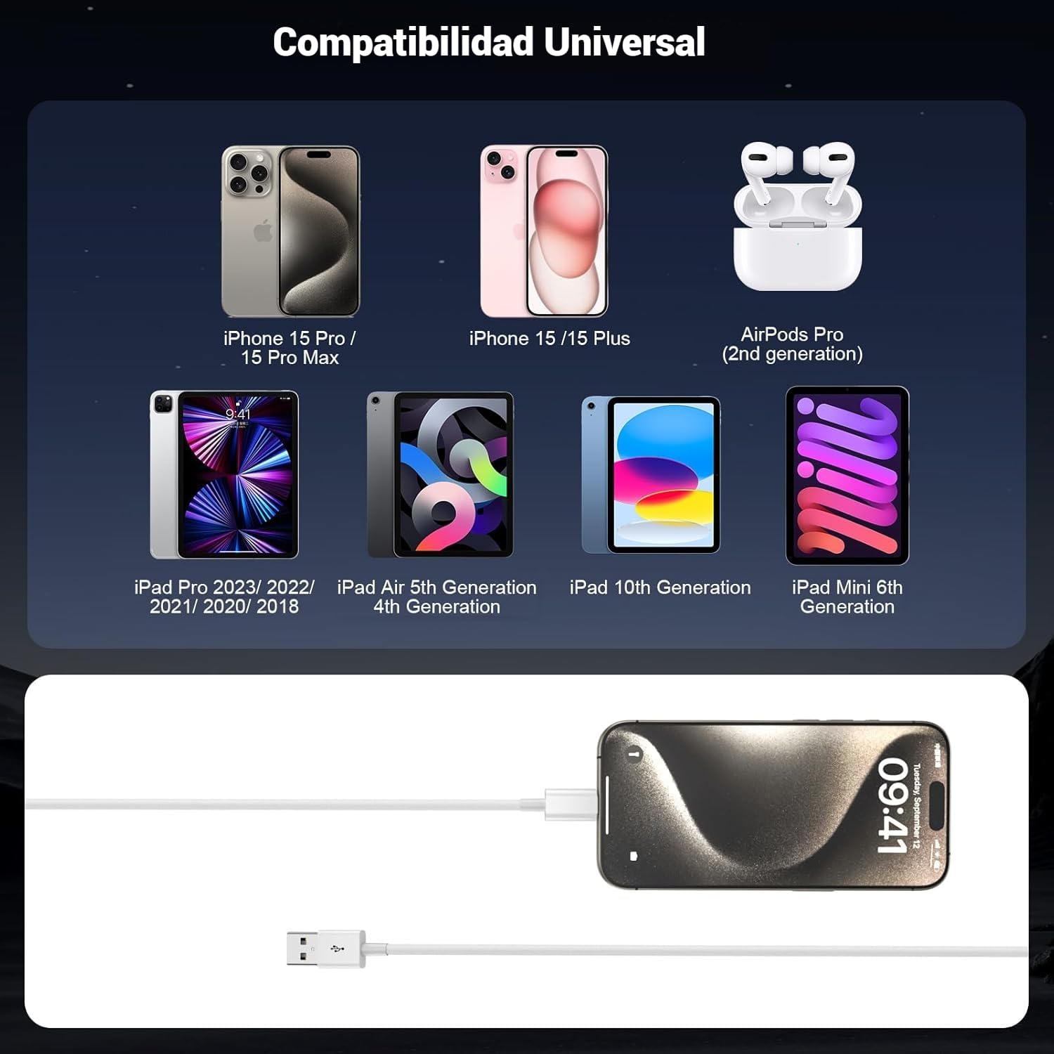 Cable USB C para Carga Rápida CarPlay - Compatible con iPhone 16/15 Plus/Pro/Pro Max, USB A a USB C, iPad USB C 10ª Generación/Air, Cable de Cargador de Coche de 3 Pies para Carga Estable y Rápida