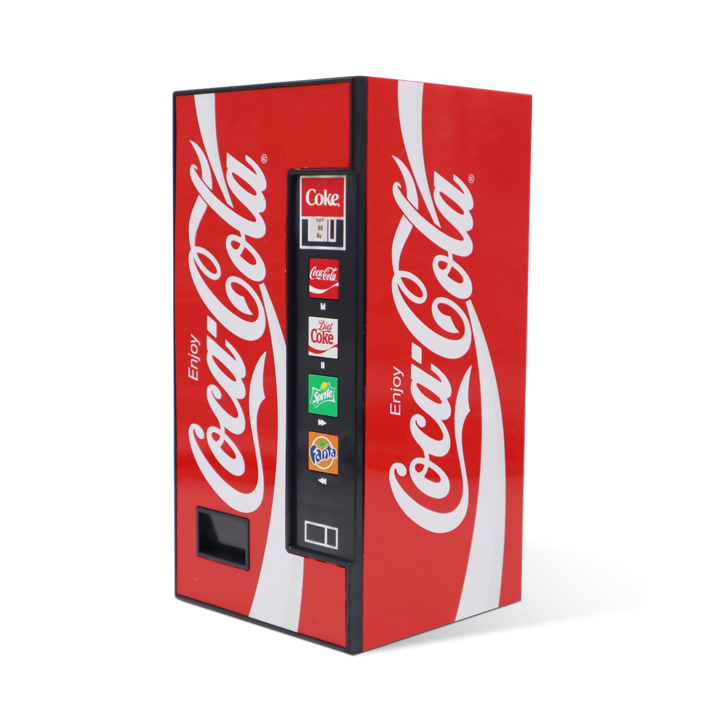 Coca-Cola - Bocina de máquina expendedora doble de 5 W, inalámbrica Bluetooth v5.3, con radio FM, reproducción USB/MicroSD, entrada AUX, alcance de 10 m, batería recargable, indicador LED, licencia